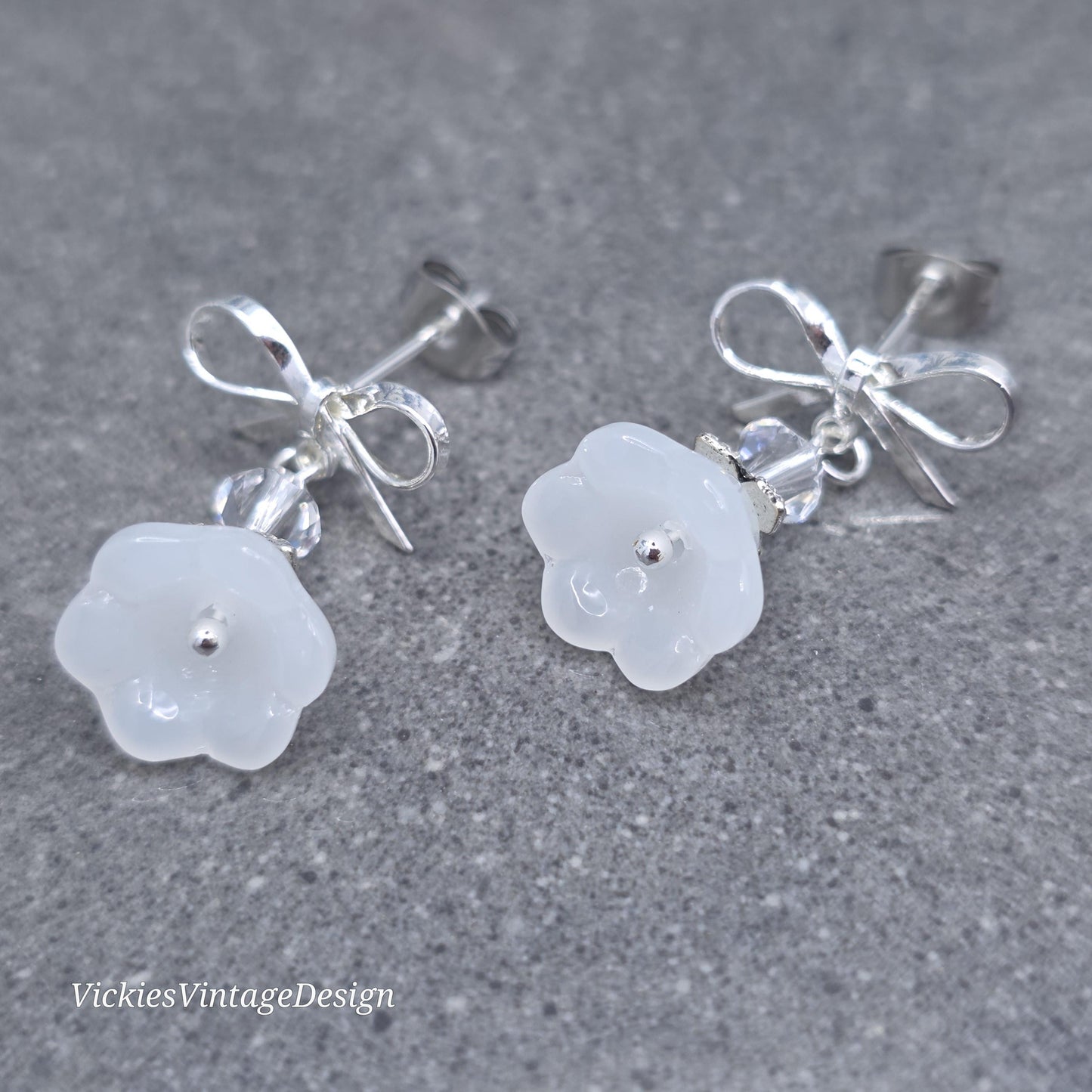 Flower Earrings, White Bow Studs, Glass Flower, PRIMERO Crystals®