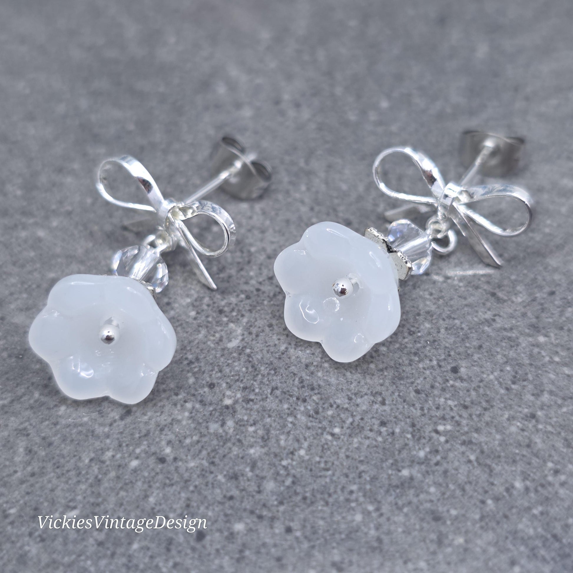 Flower Earrings, White Bow Studs, Glass Flower, PRIMERO Crystals®