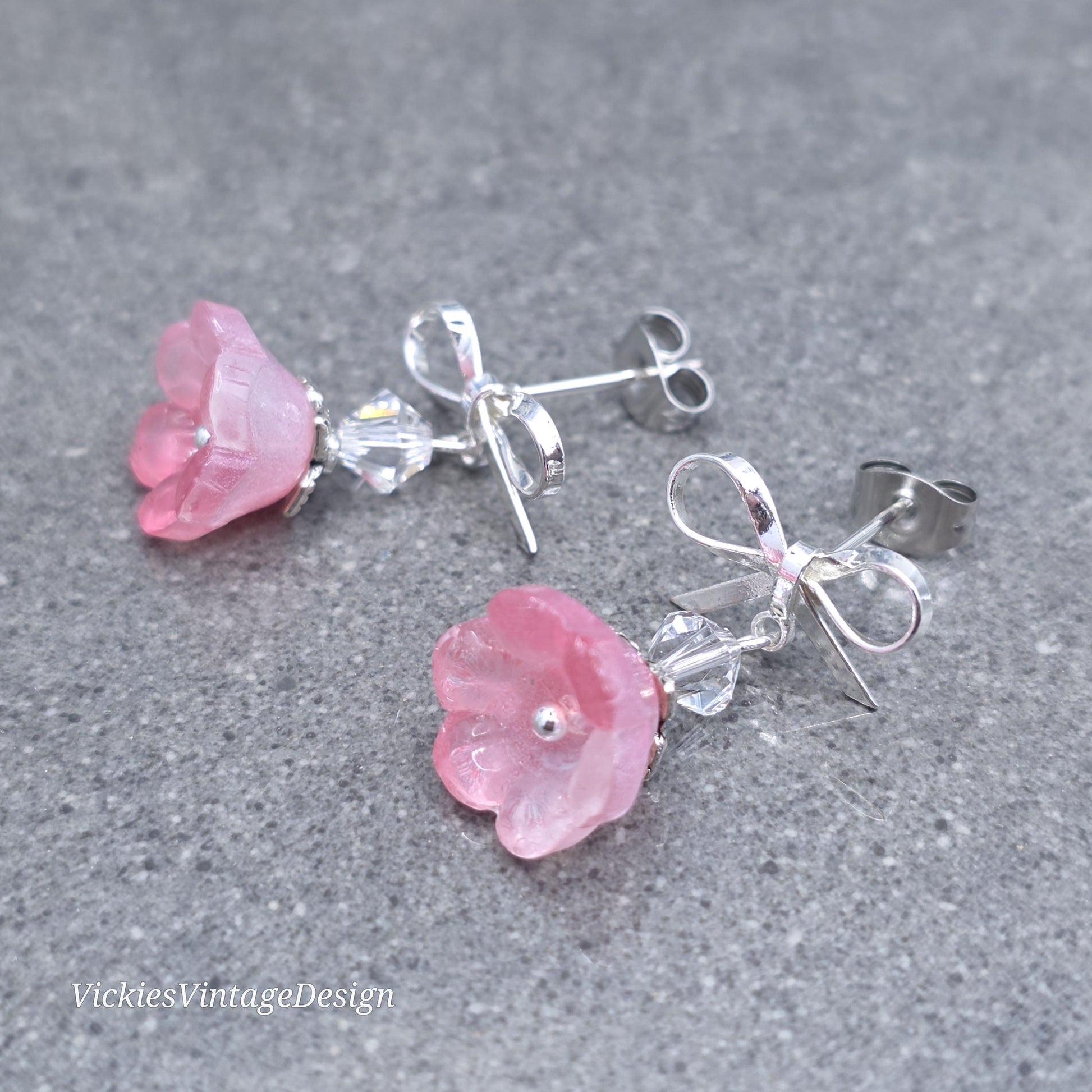Flower Earrings, Pink Bow Studs, Glass Flower, PRIMERO Crystals®
