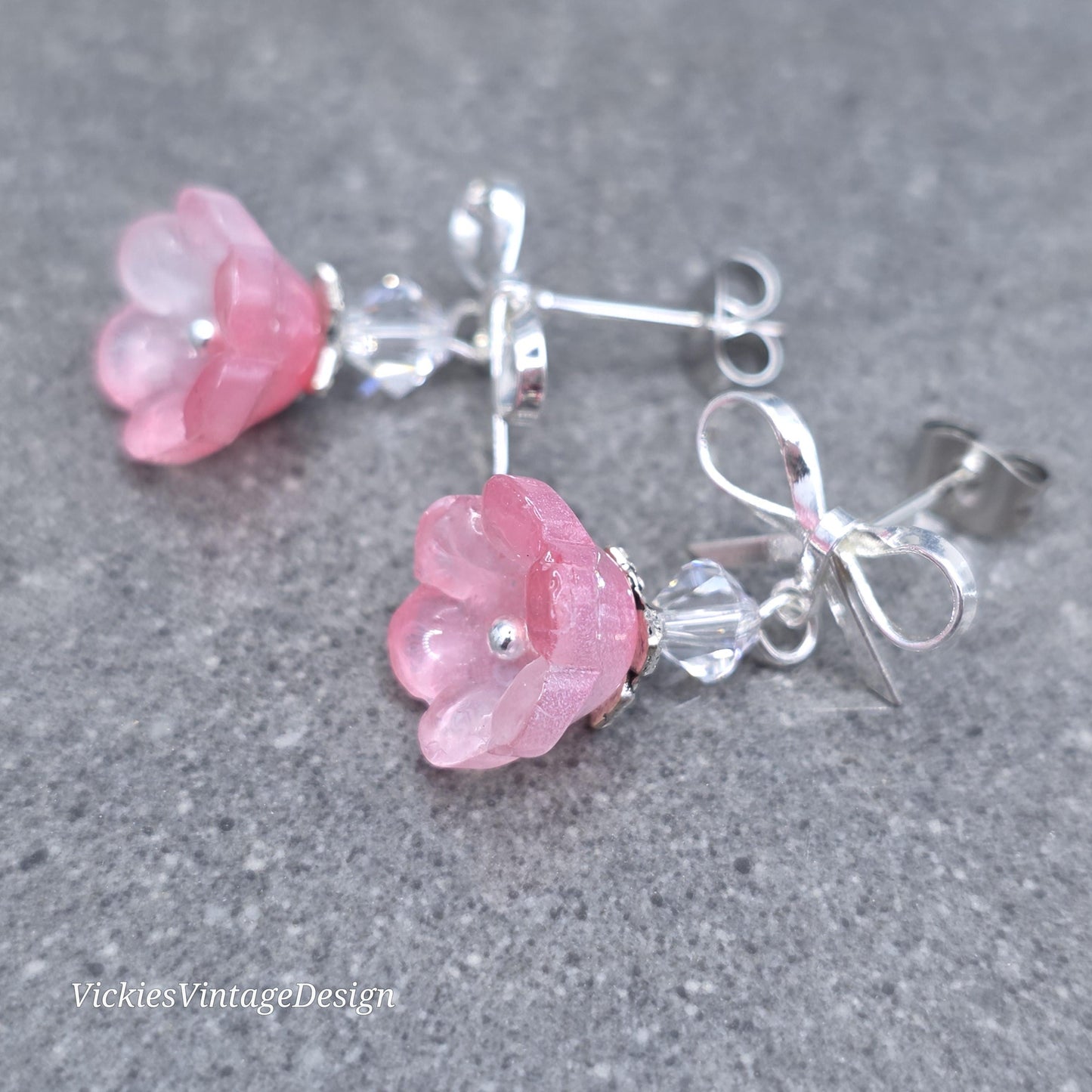 Flower Earrings, Pink Bow Studs, Glass Flower, PRIMERO Crystals®