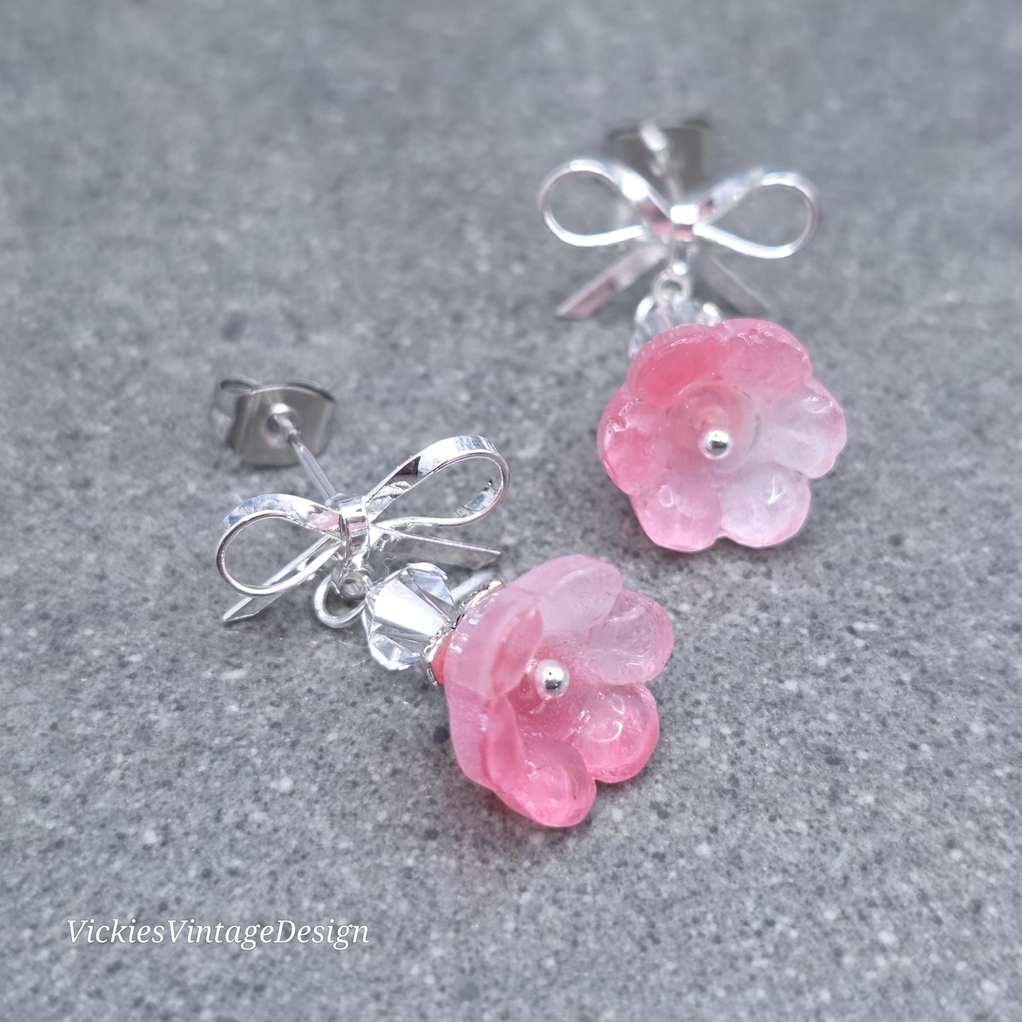 Flower Earrings, Pink Bow Studs, Glass Flower, PRIMERO Crystals®