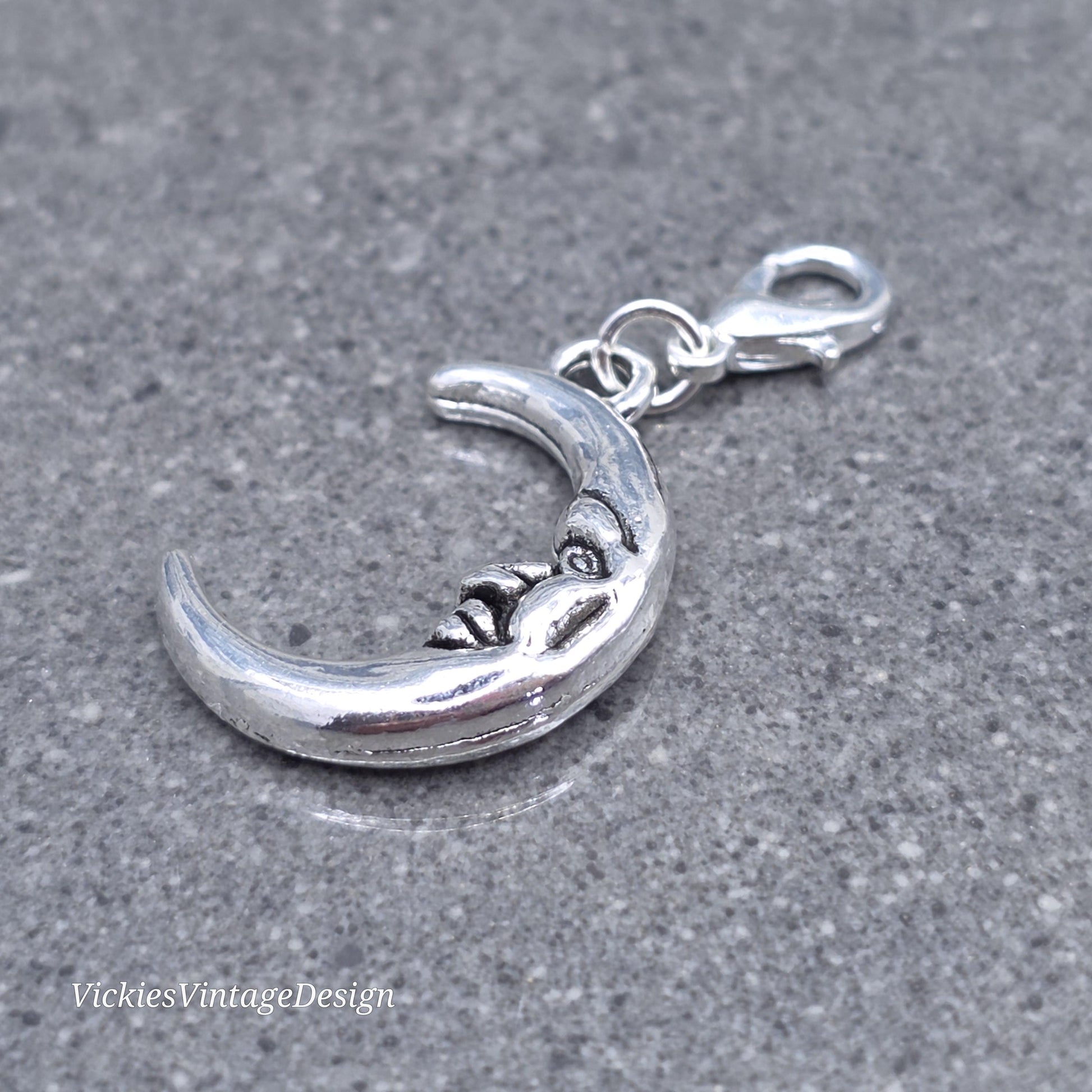 Moon Clip on Charm with silver Lobster Clasp, Bracelet, Necklace, Brass, Nickel Free, Stitchmarker, Zipper, Planner Charm