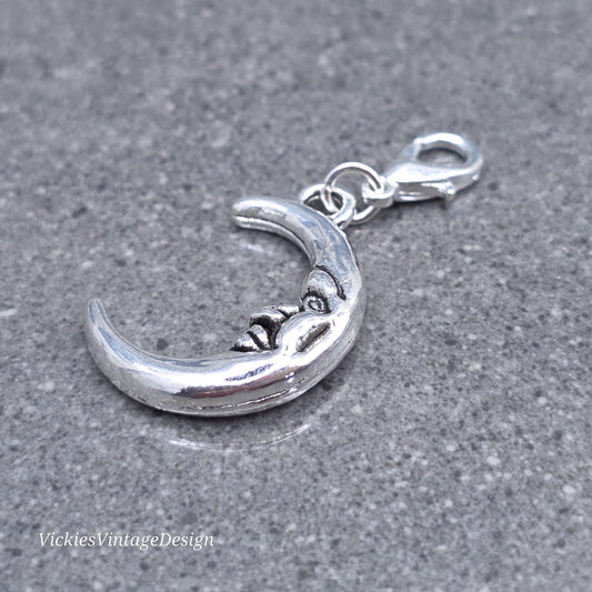 Moon Clip on Charm with silver Lobster Clasp, Bracelet, Necklace, Brass, Nickel Free, Stitchmarker, Zipper, Planner Charm