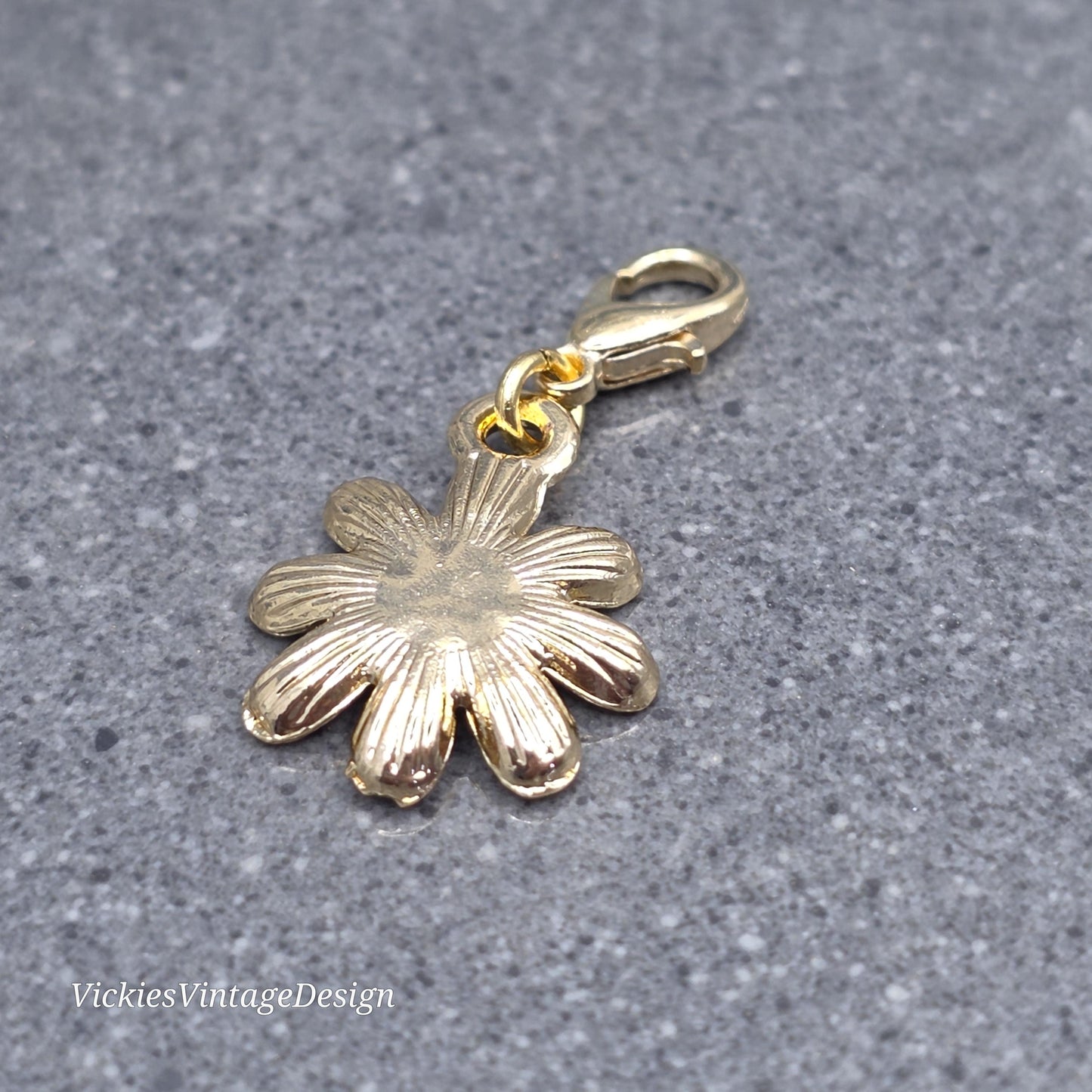 Daisy Clip on Charm with Gold Lobster Clasp, Brass, Nickel Free, Necklace, Bracelet, Stitchmarker, Zipper, Planner Charm