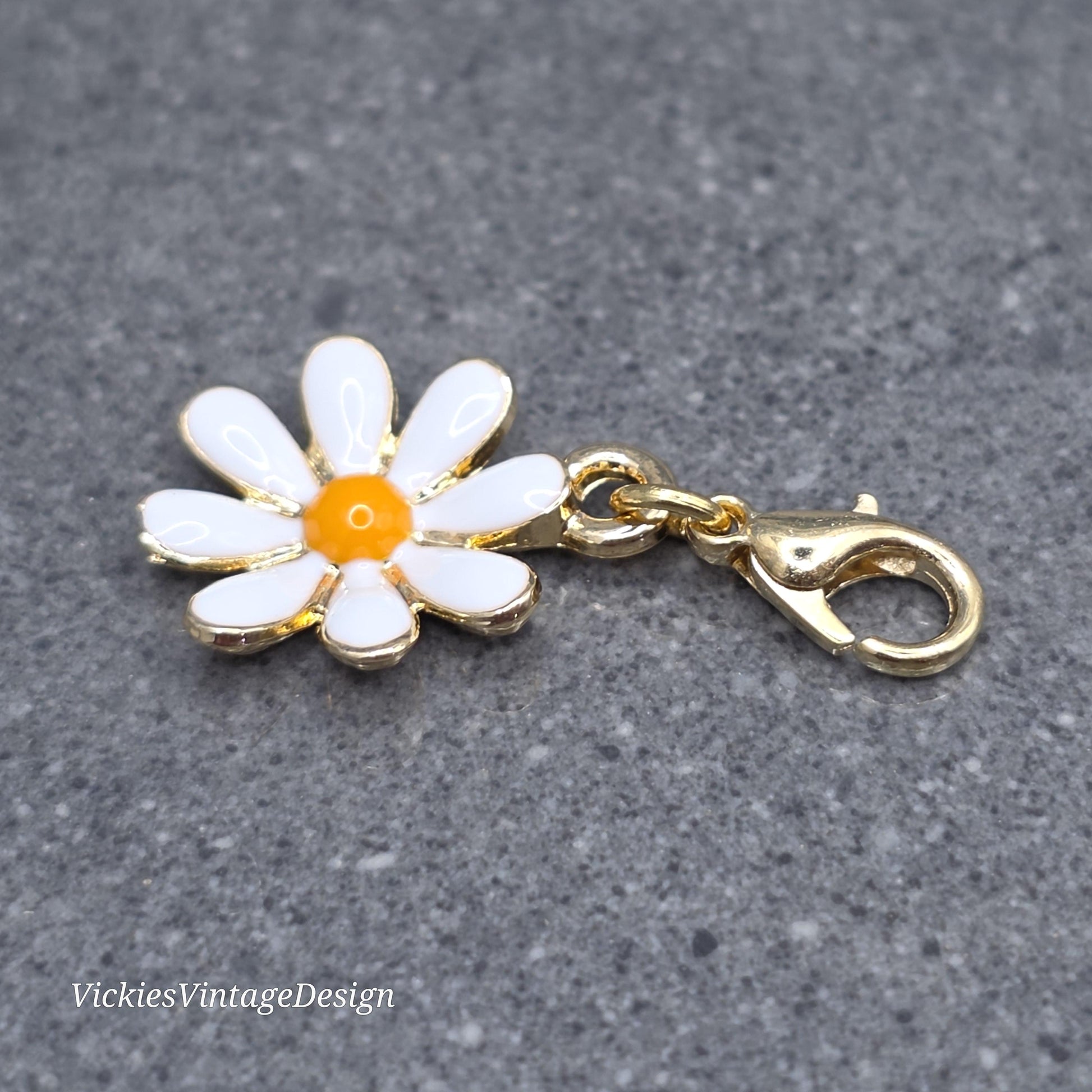 Daisy Clip on Charm with Gold Lobster Clasp, Brass, Nickel Free, Necklace, Bracelet, Stitchmarker, Zipper, Planner Charm