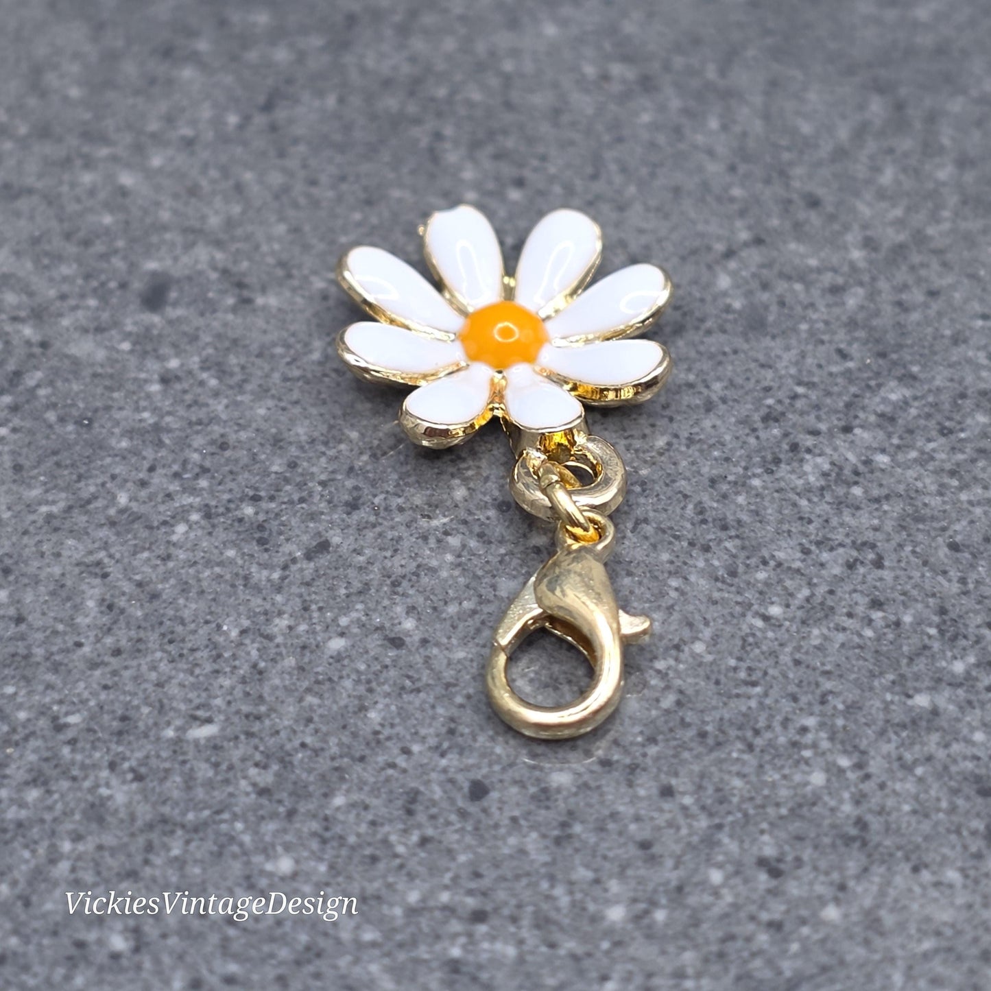Daisy Clip on Charm with Gold Lobster Clasp, Brass, Nickel Free, Necklace, Bracelet, Stitchmarker, Zipper, Planner Charm