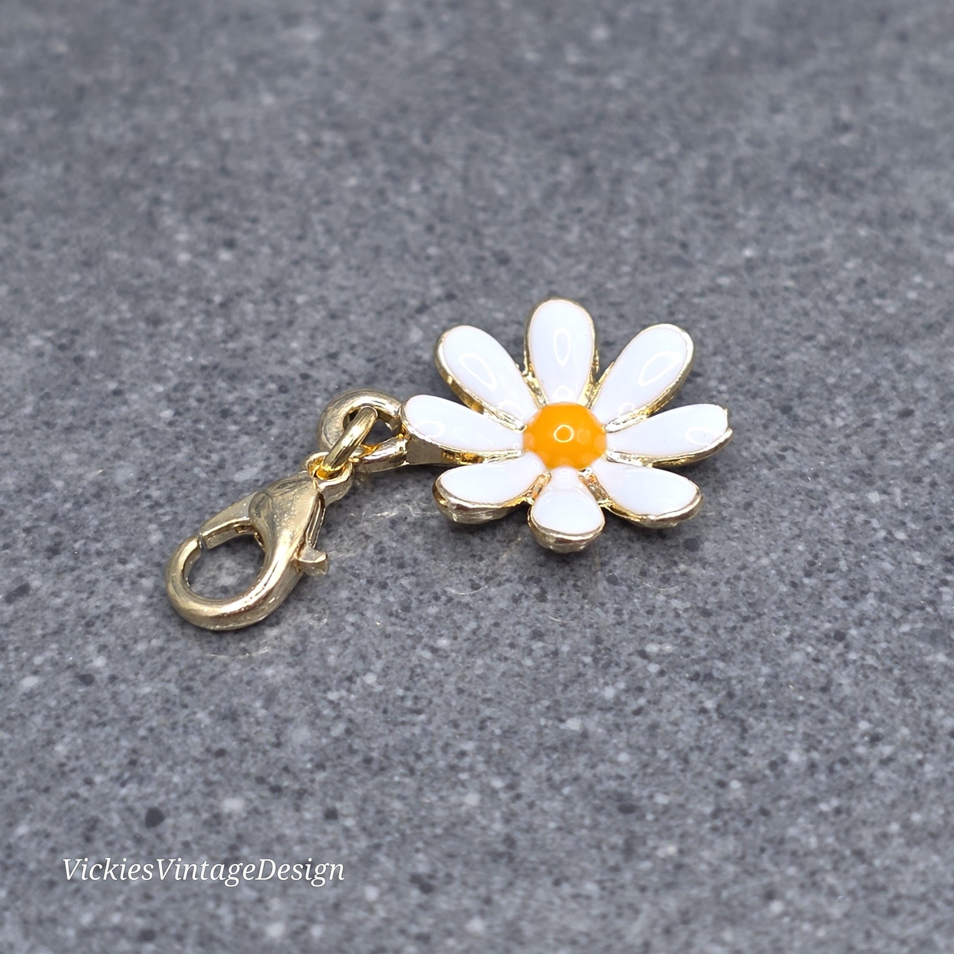 Daisy Clip on Charm with Gold Lobster Clasp, Brass, Nickel Free, Necklace, Bracelet, Stitchmarker, Zipper, Planner Charm