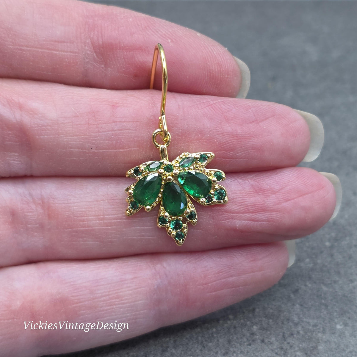 Maple Leaf Earrings with a Choice of Ear Wires: Green Brass Micro Pave Cubic Zirconia, Real 18K Gold Plated