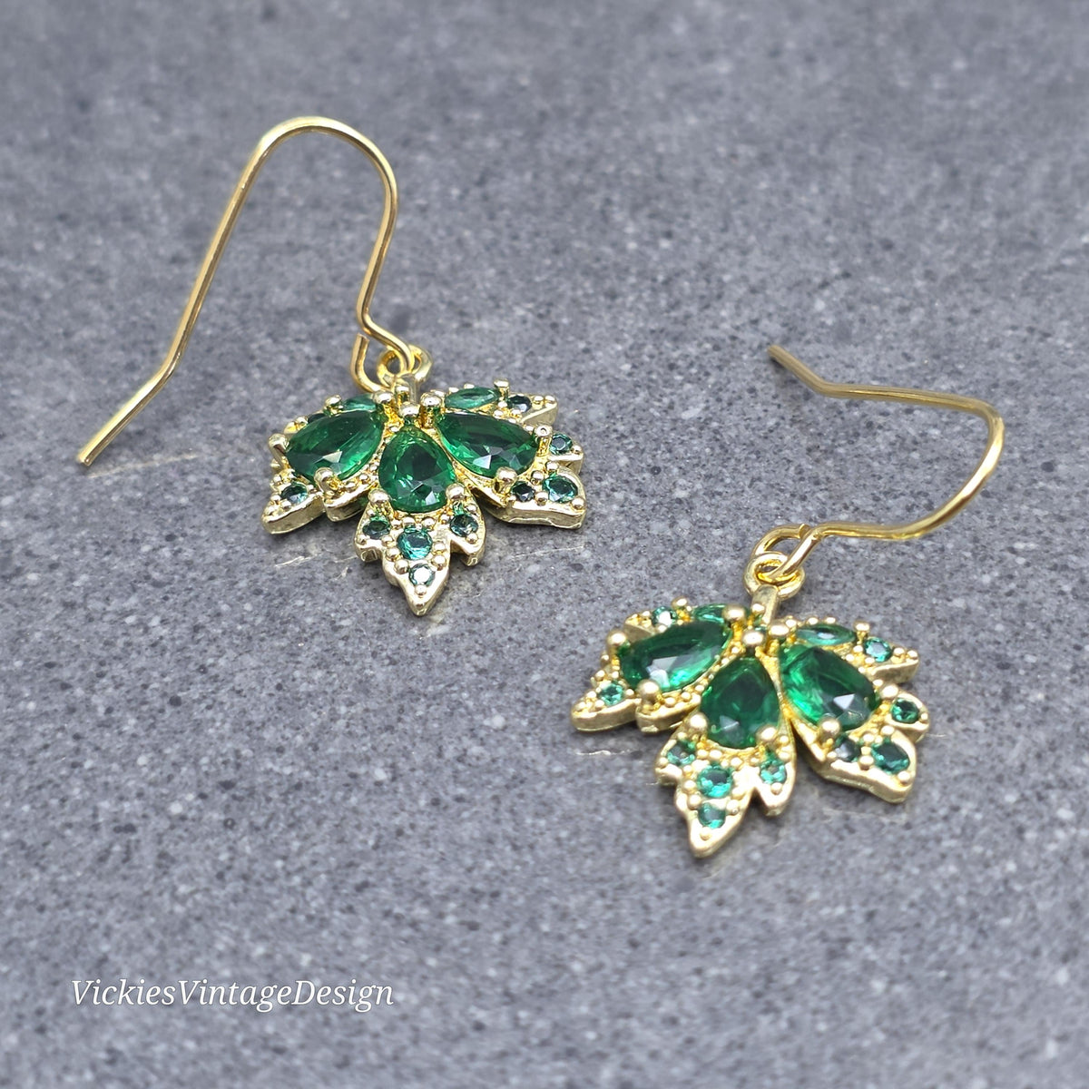Maple Leaf Earrings with a Choice of Ear Wires: Green Brass Micro Pave Cubic Zirconia, Real 18K Gold Plated