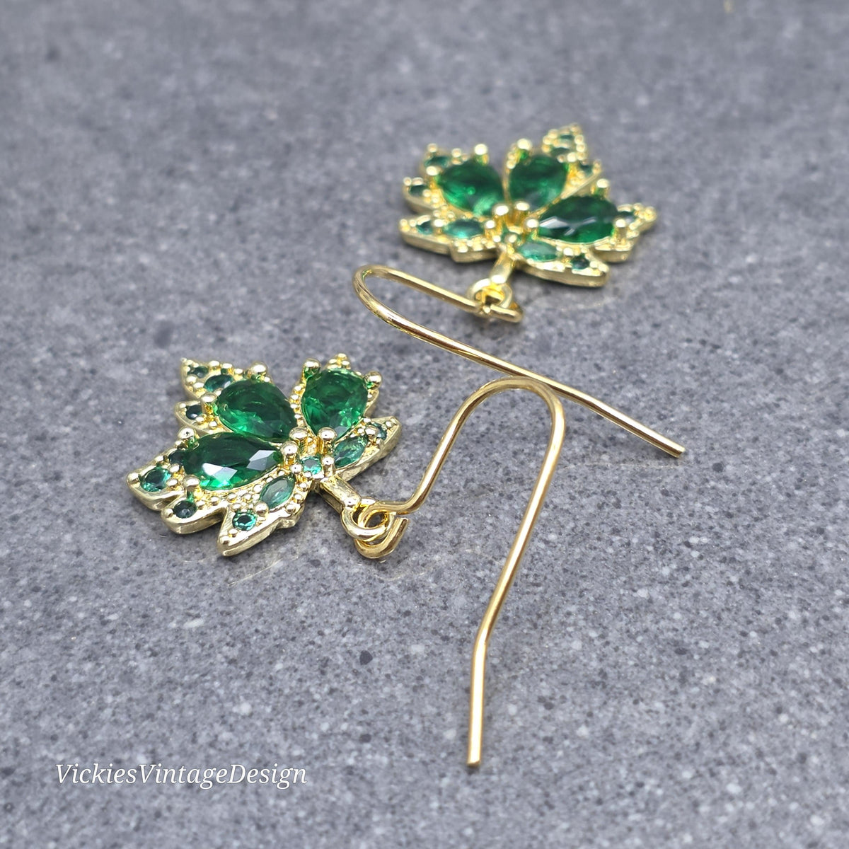 Maple Leaf Earrings with a Choice of Ear Wires: Green Brass Micro Pave Cubic Zirconia, Real 18K Gold Plated