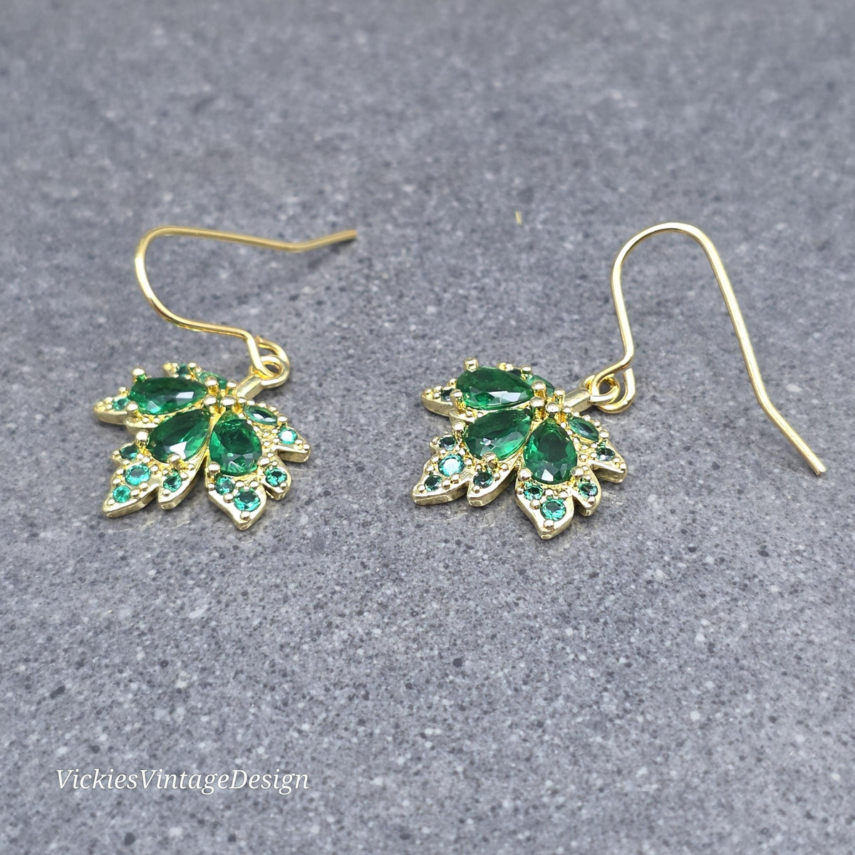 Maple Leaf Earrings with a Choice of Ear Wires: Green Brass Micro Pave Cubic Zirconia, Real 18K Gold Plated