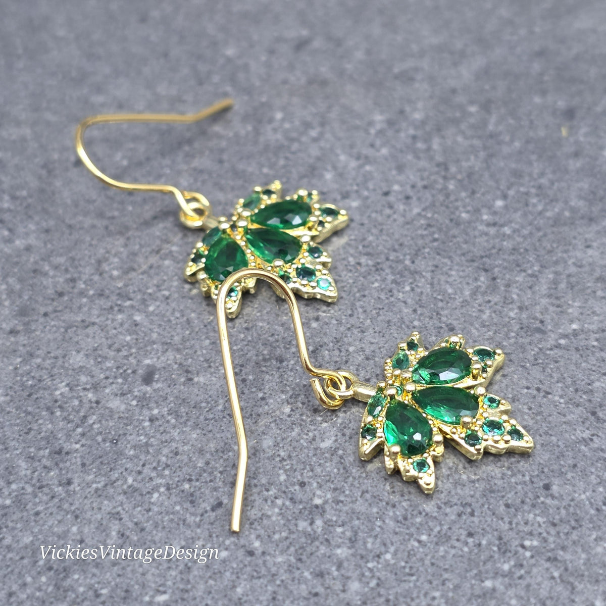 Maple Leaf Earrings with a Choice of Ear Wires: Green Brass Micro Pave Cubic Zirconia, Real 18K Gold Plated
