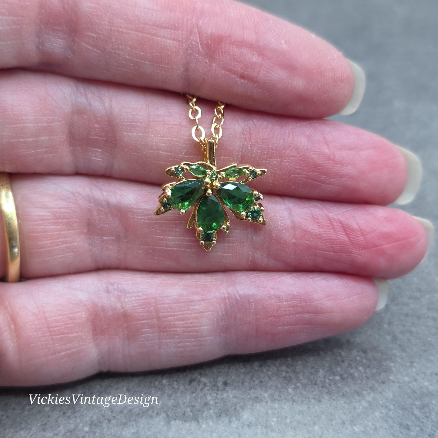 Maple Leaf Necklace with a Choice of Ear Wires: Green Brass Micro Pave Cubic Zirconia, Real 18K Gold Plated