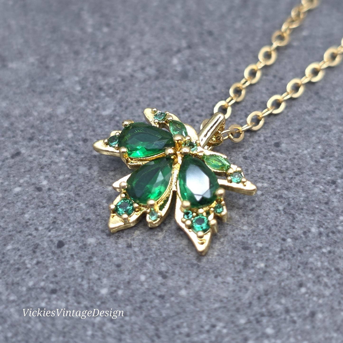Maple Leaf Necklace with a Choice of Ear Wires: Green Brass Micro Pave Cubic Zirconia, Real 18K Gold Plated
