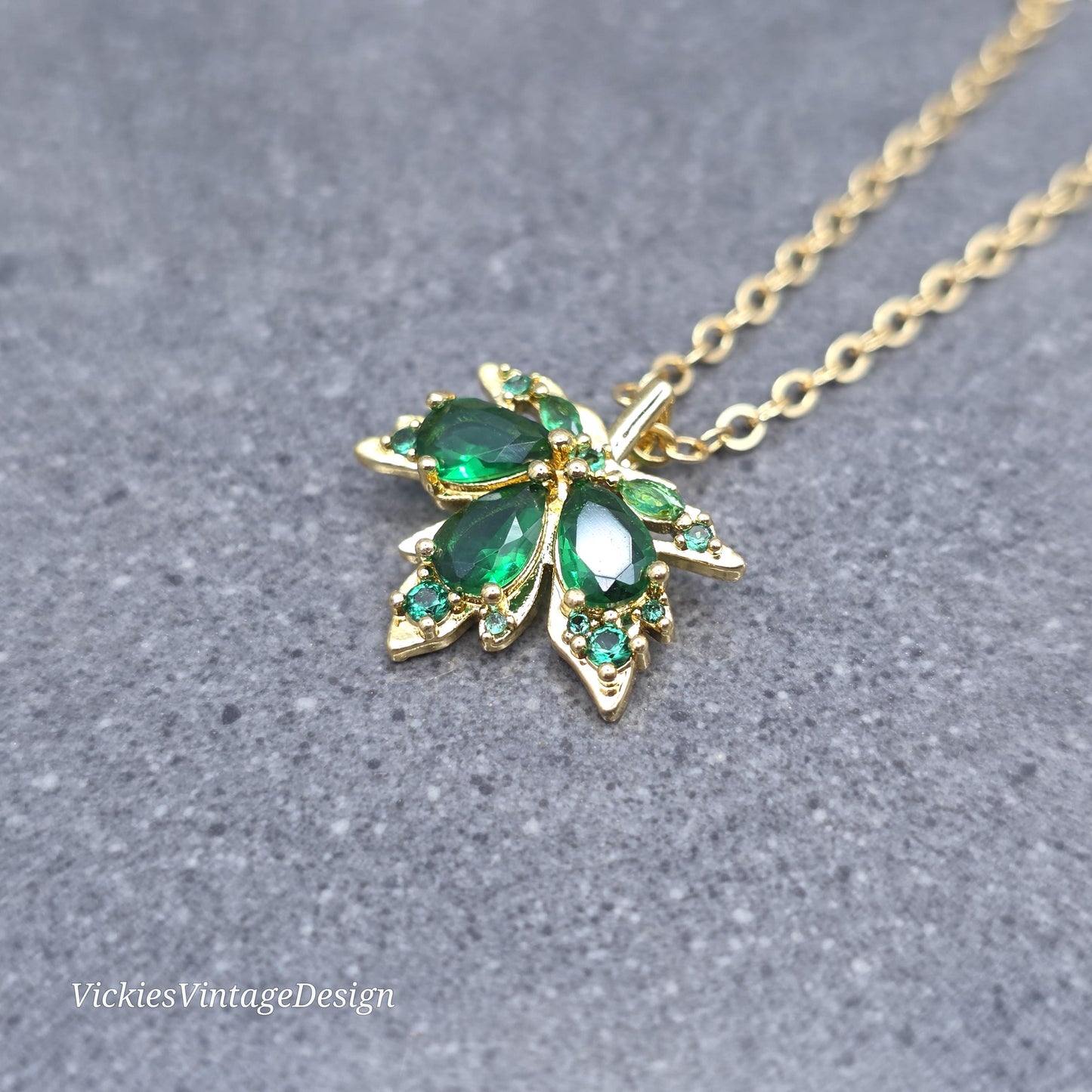 Maple Leaf Necklace with a Choice of Ear Wires: Green Brass Micro Pave Cubic Zirconia, Real 18K Gold Plated