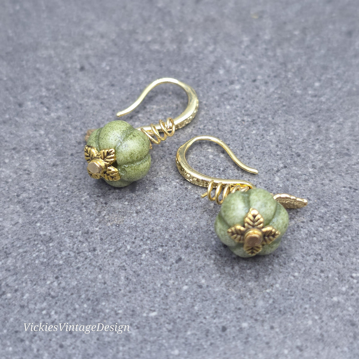 Porcelain Pumpkin Earrings, Antique Glazed Olive Colour