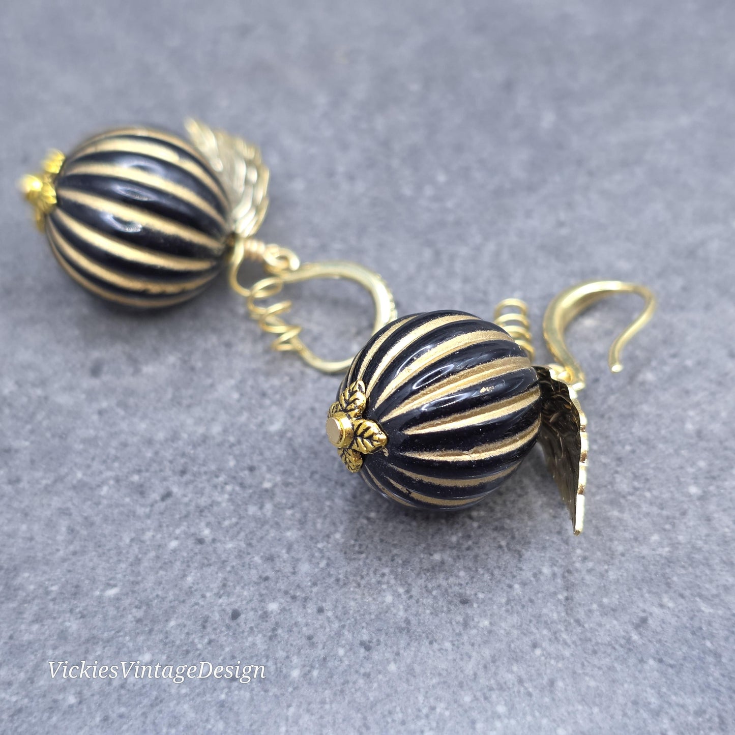 Black and Gold Pumpkin Earrings, Autumn Fall Jewellery