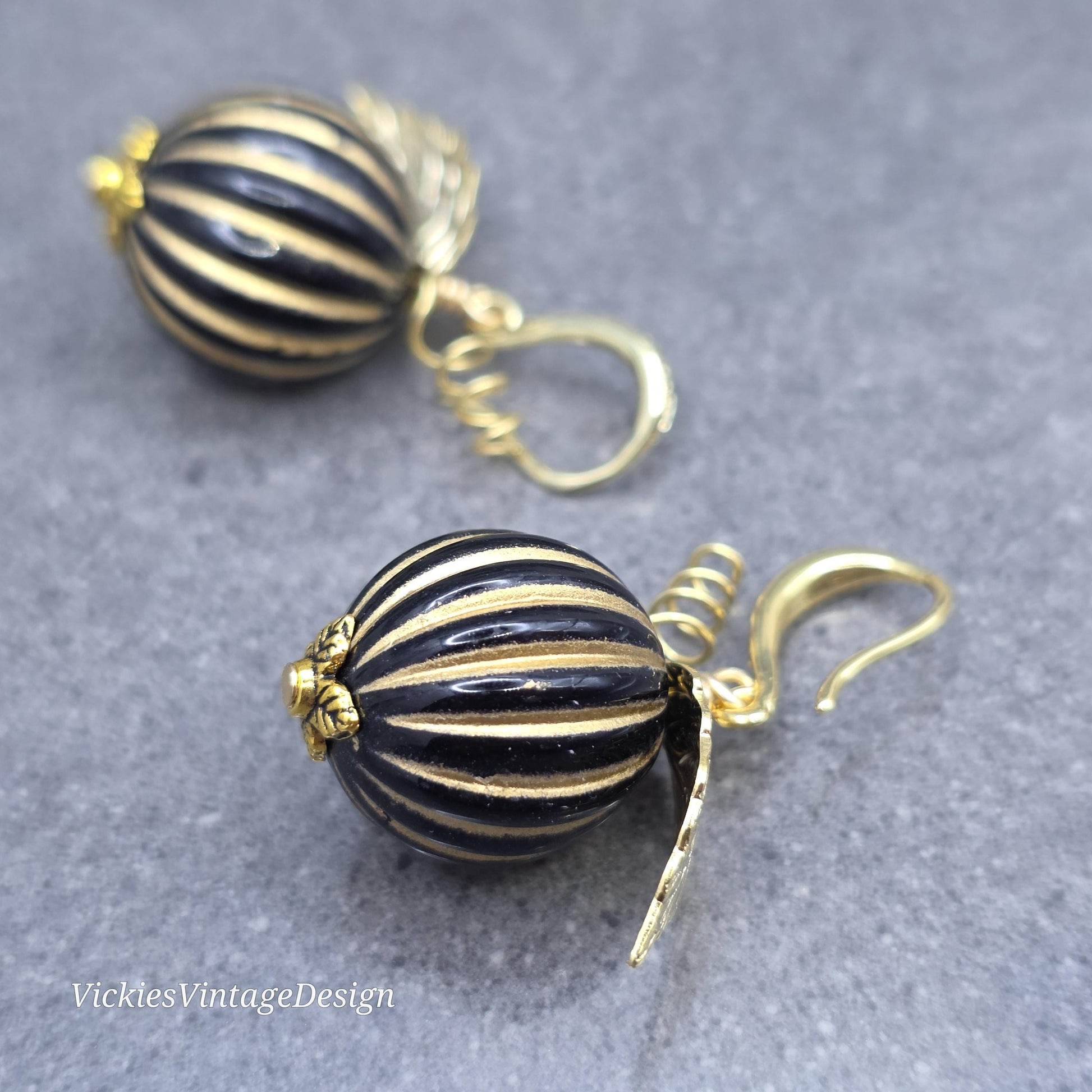 Black and Gold Pumpkin Earrings, Autumn Fall Jewellery