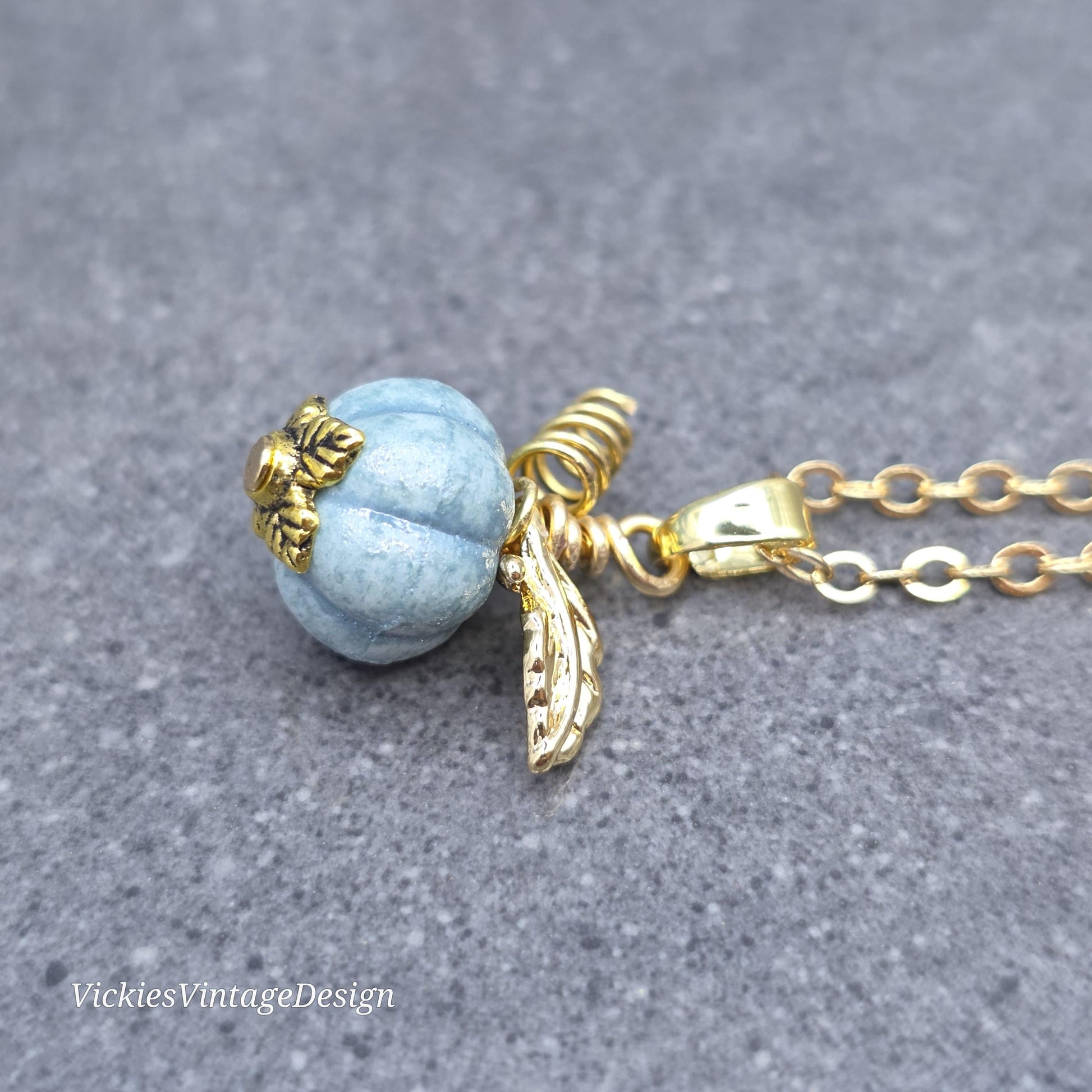 Porcelain Pumpkin Necklace, Antique Dusty Teal Colour