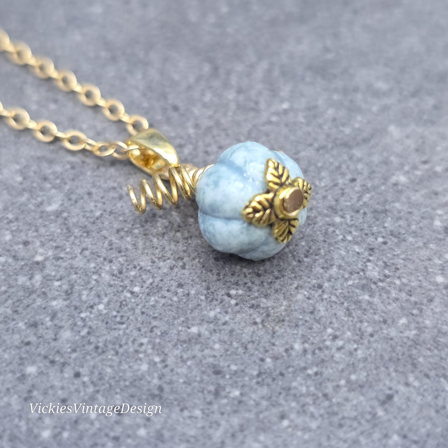 Porcelain Pumpkin Necklace, Antique Dusty Teal Colour