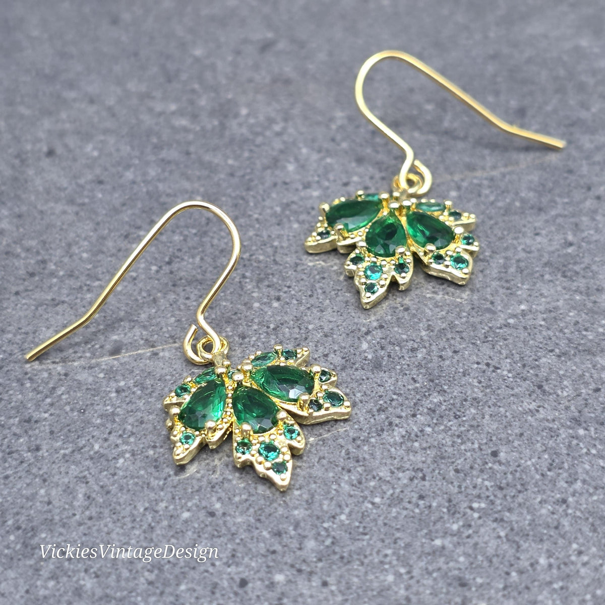Maple Leaf Earrings with a Choice of Ear Wires: Green Brass Micro Pave Cubic Zirconia, Real 18K Gold Plated