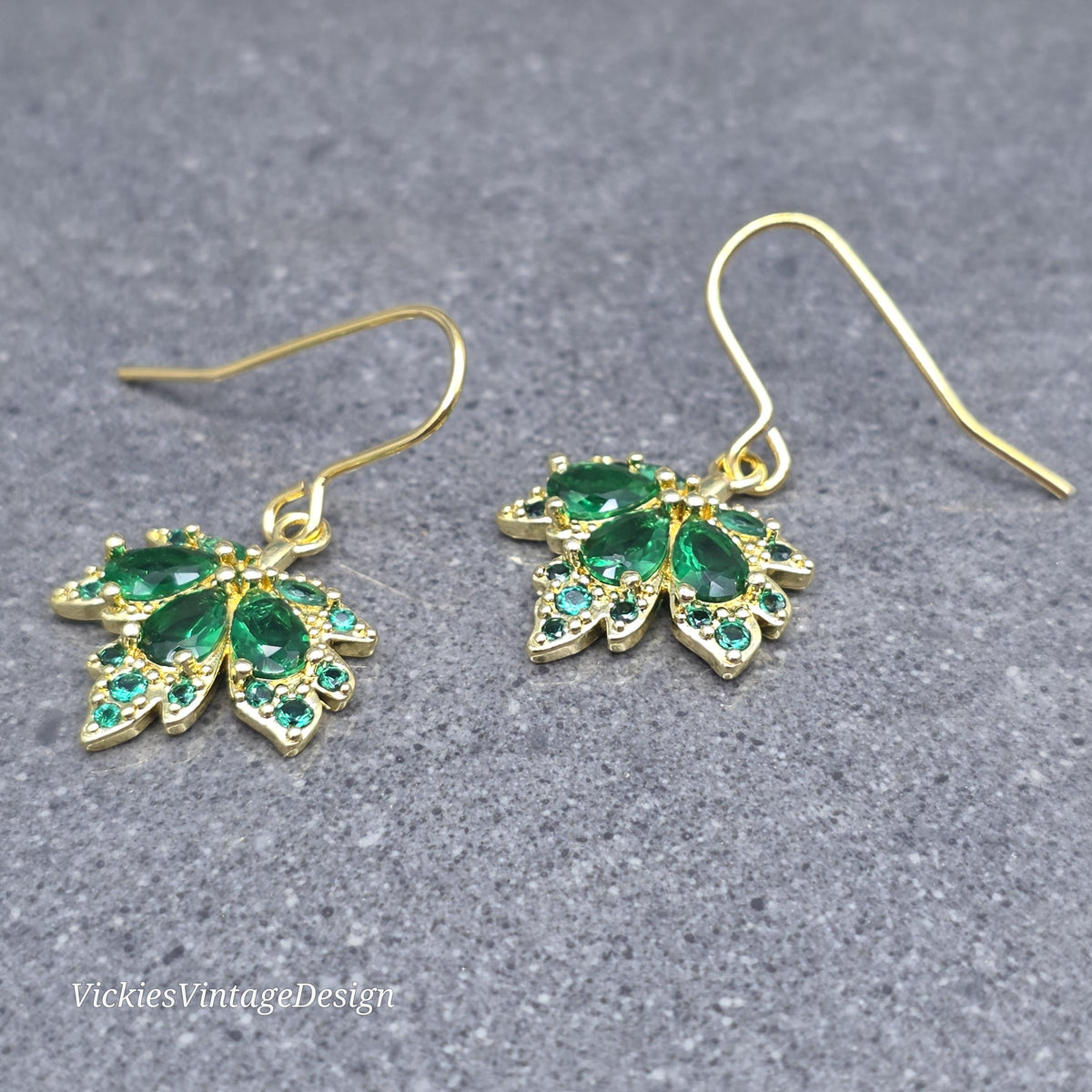 Maple Leaf Earrings with a Choice of Ear Wires: Green Brass Micro Pave Cubic Zirconia, Real 18K Gold Plated