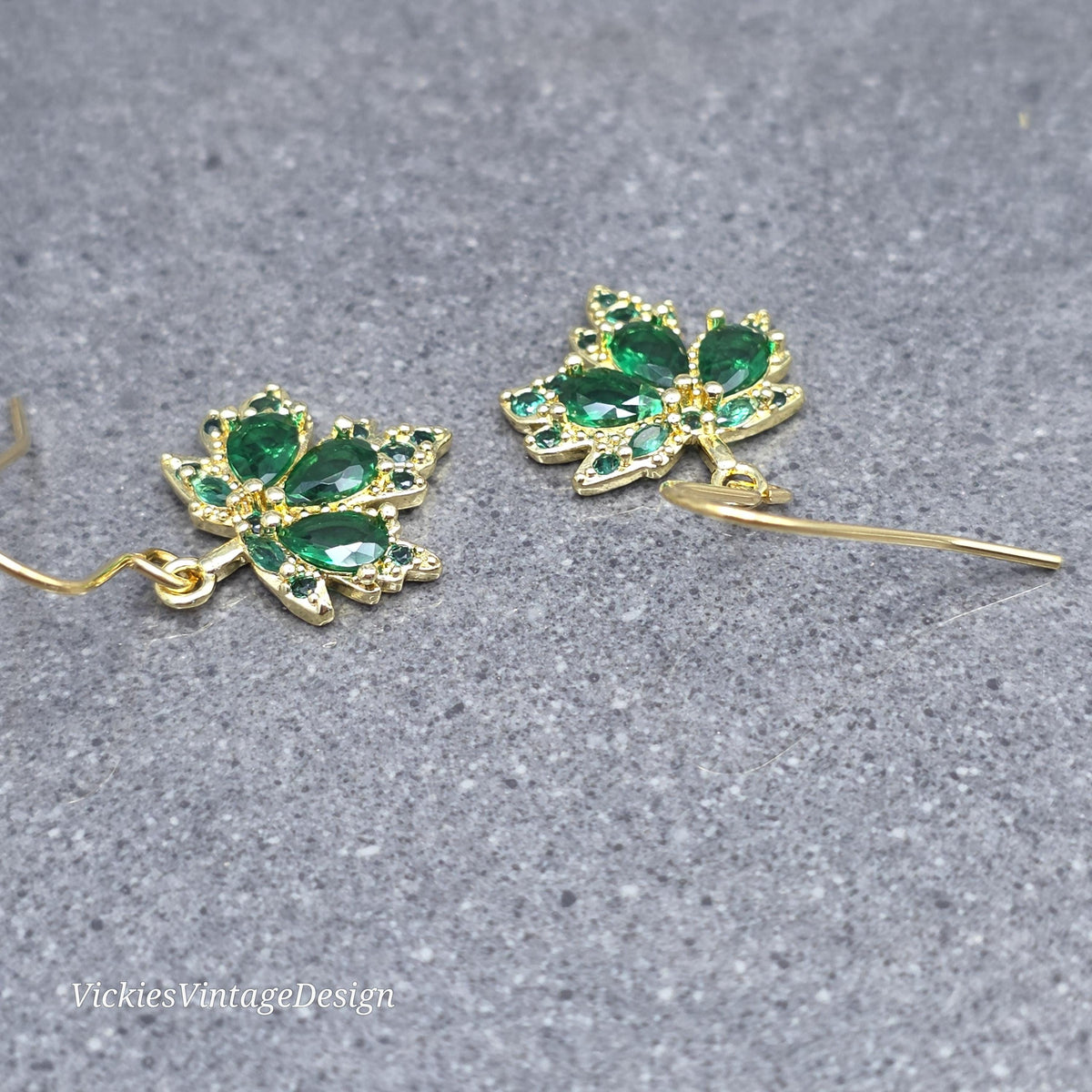 Maple Leaf Earrings with a Choice of Ear Wires: Green Brass Micro Pave Cubic Zirconia, Real 18K Gold Plated