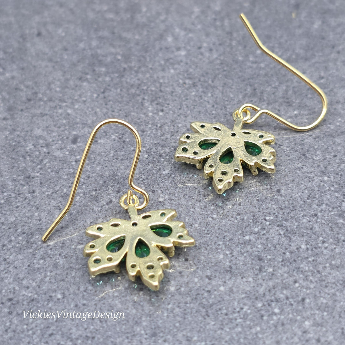 Maple Leaf Earrings with a Choice of Ear Wires: Green Brass Micro Pave Cubic Zirconia, Real 18K Gold Plated