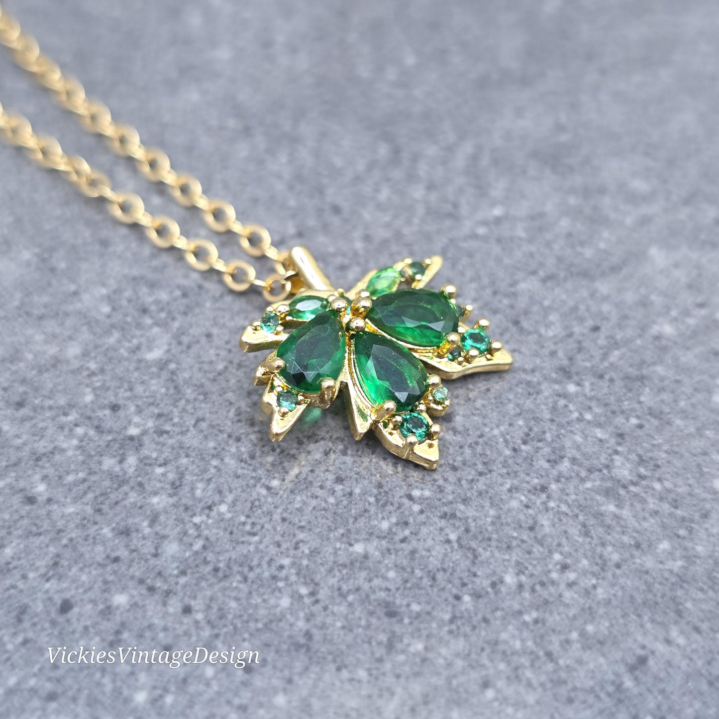 Maple Leaf Necklace with a Choice of Ear Wires: Green Brass Micro Pave Cubic Zirconia, Real 18K Gold Plated