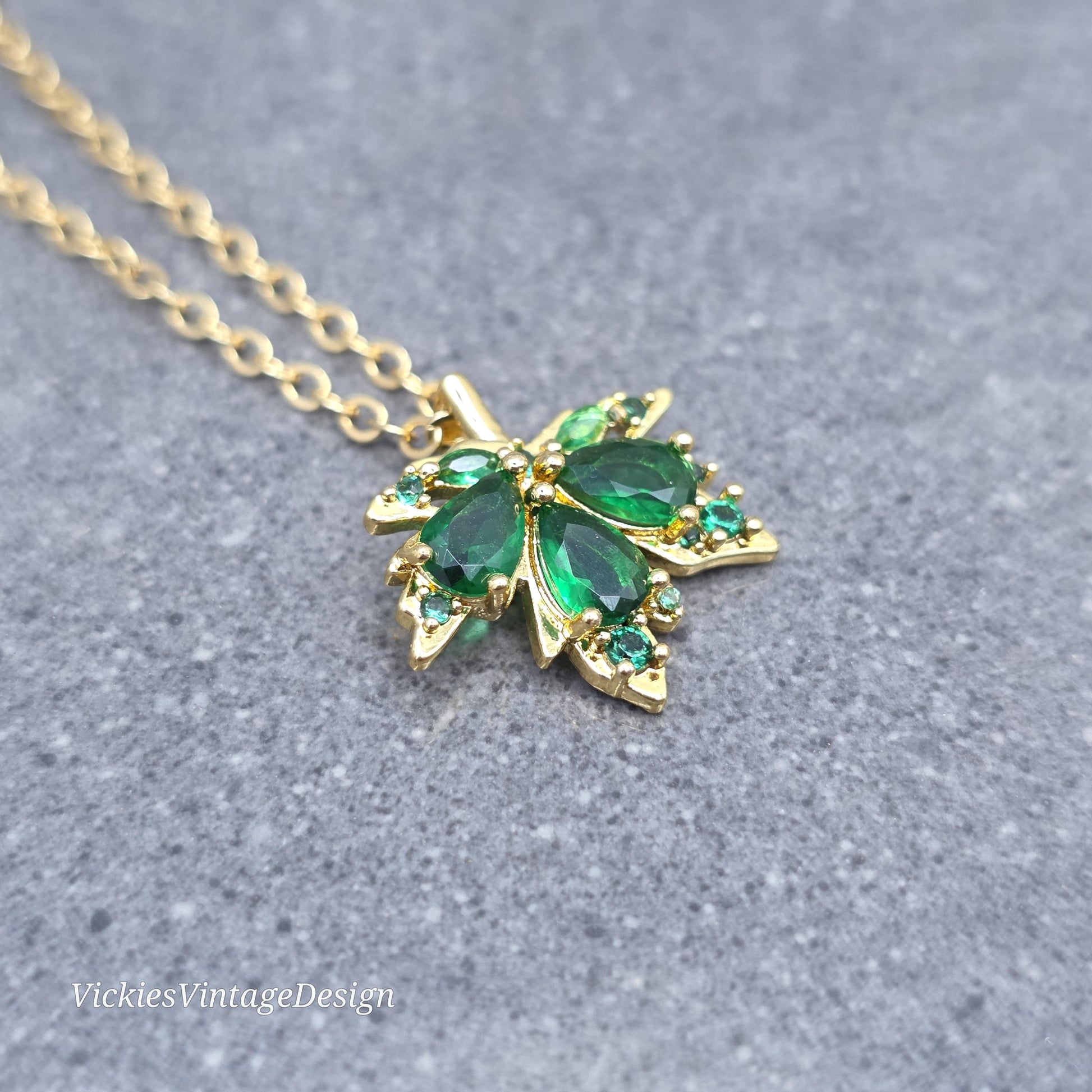 Maple Leaf Necklace with a Choice of Ear Wires: Green Brass Micro Pave Cubic Zirconia, Real 18K Gold Plated