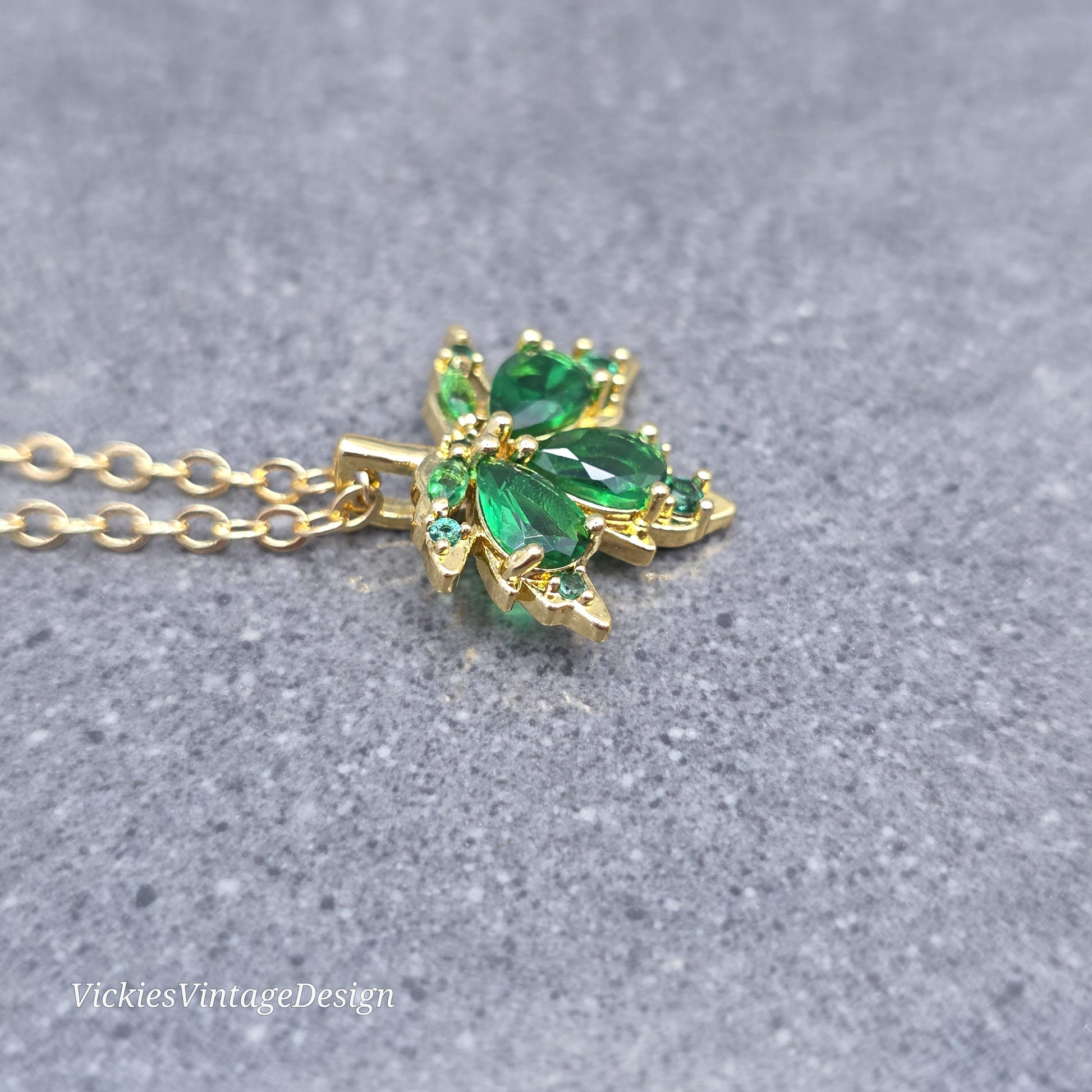 Maple Leaf Necklace with a Choice of Ear Wires: Green Brass Micro Pave Cubic Zirconia, Real 18K Gold Plated
