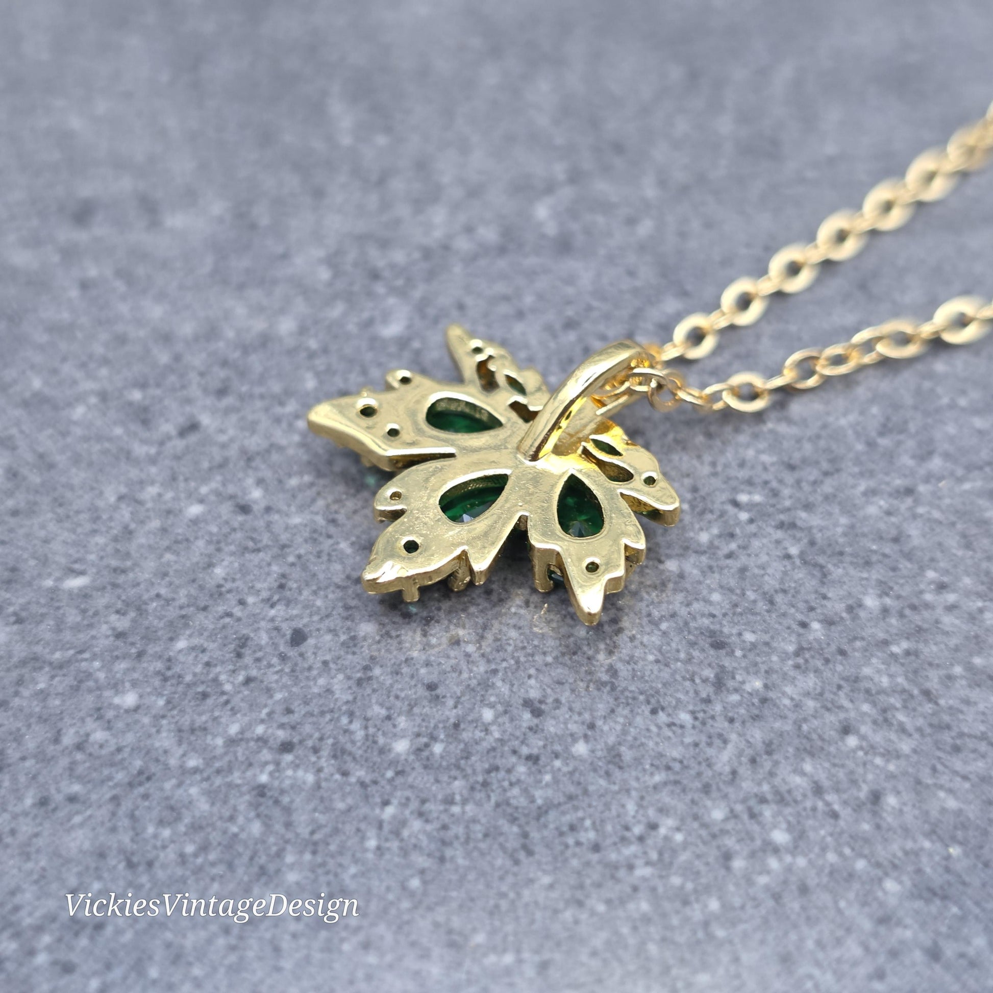 Maple Leaf Necklace with a Choice of Ear Wires: Green Brass Micro Pave Cubic Zirconia, Real 18K Gold Plated