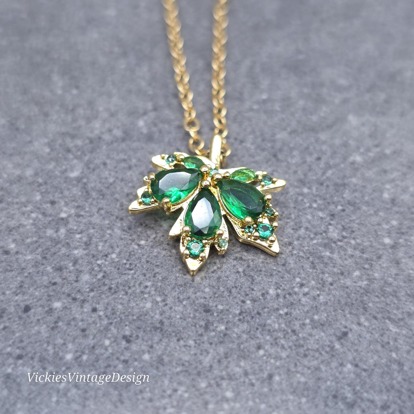 Maple Leaf Necklace with a Choice of Ear Wires: Green Brass Micro Pave Cubic Zirconia, Real 18K Gold Plated