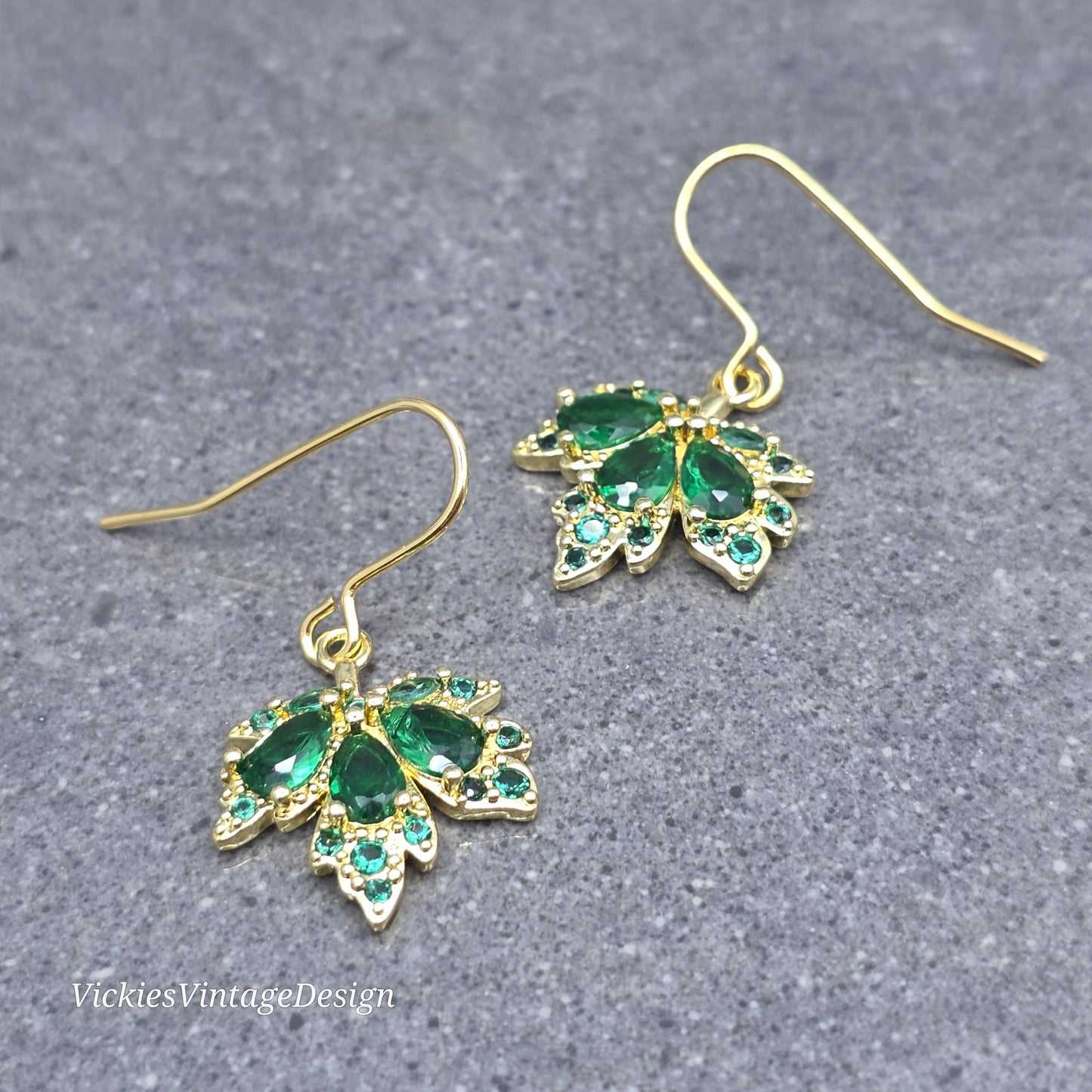 Maple Leaf Necklace with a Choice of Ear Wires: Green Brass Micro Pave Cubic Zirconia, Real 18K Gold Plated