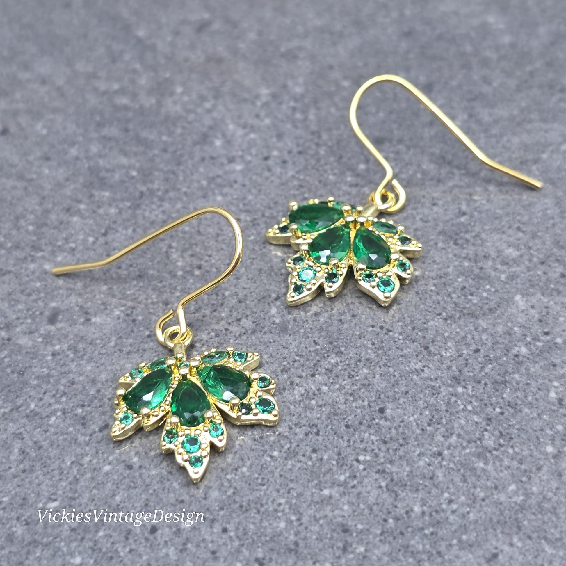 Maple Leaf Necklace with a Choice of Ear Wires: Green Brass Micro Pave Cubic Zirconia, Real 18K Gold Plated