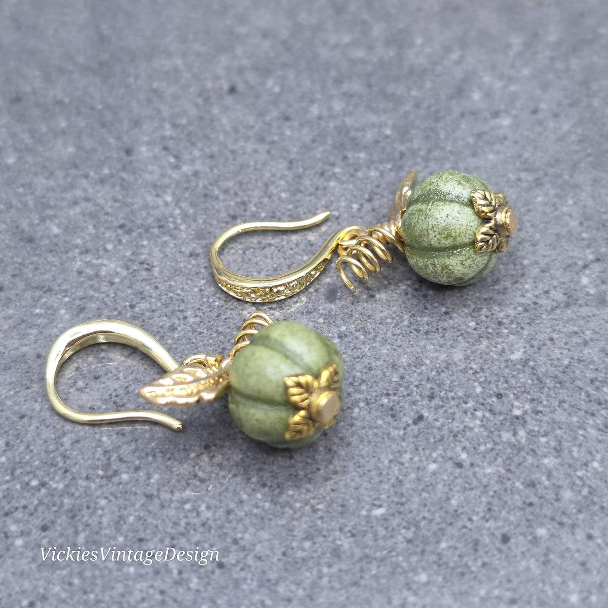 Porcelain Pumpkin Earrings, Antique Glazed Olive Colour