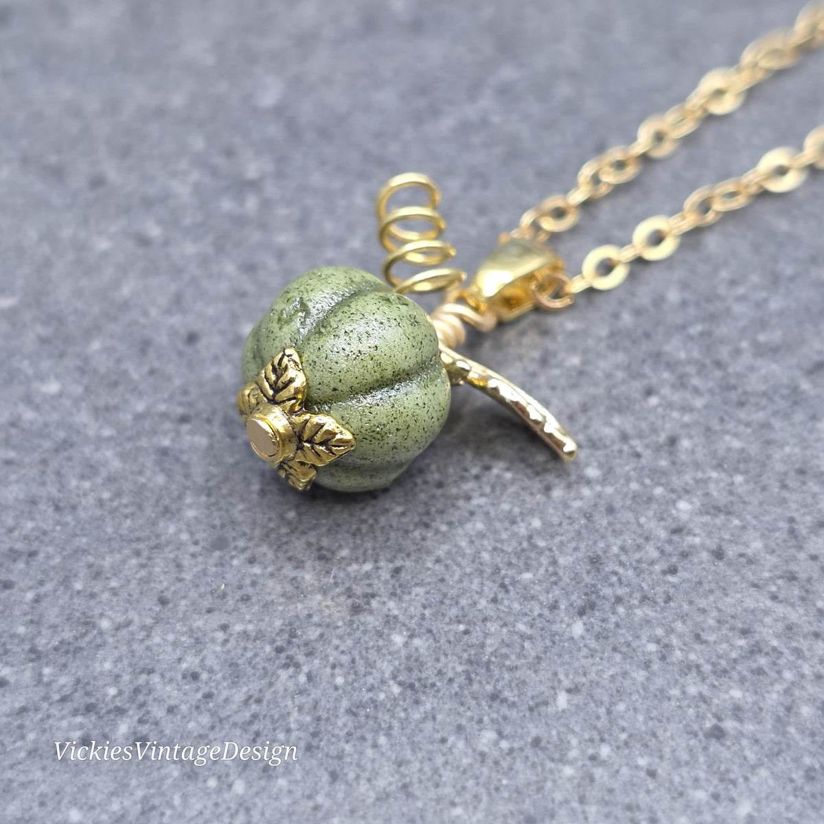 Porcelain Pumpkin Necklace, Antique Glazed Olive Colour