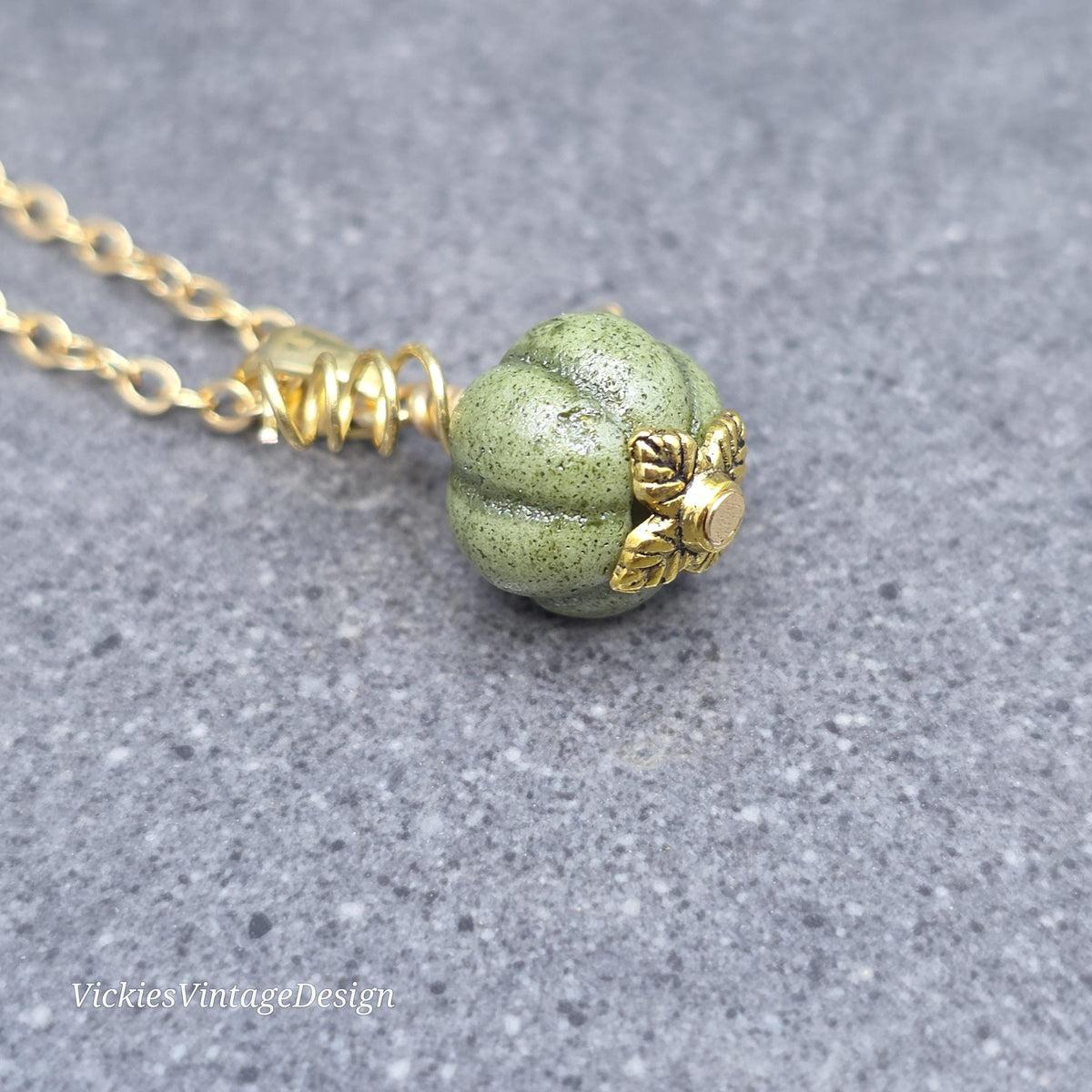 Porcelain Pumpkin Necklace, Antique Glazed Olive Colour