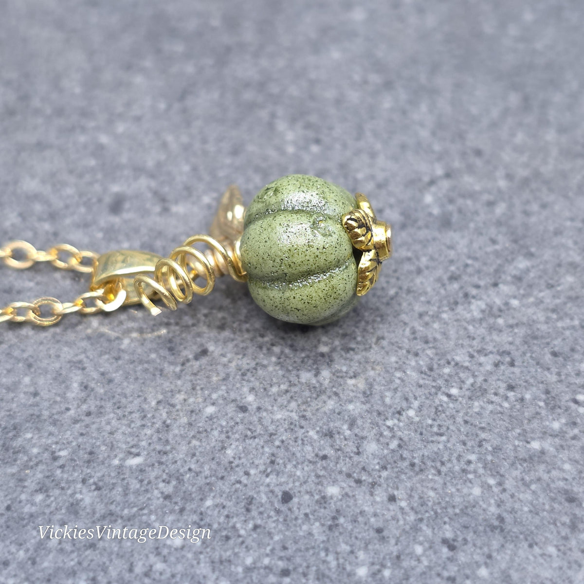 Porcelain Pumpkin Necklace, Antique Glazed Olive Colour