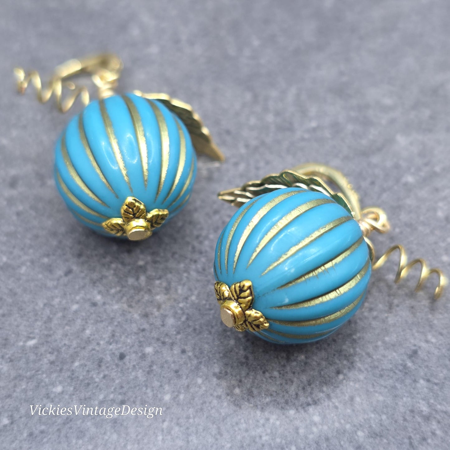 Teal and Gold Pumpkin Earrings, Autumn Fall Jewellery