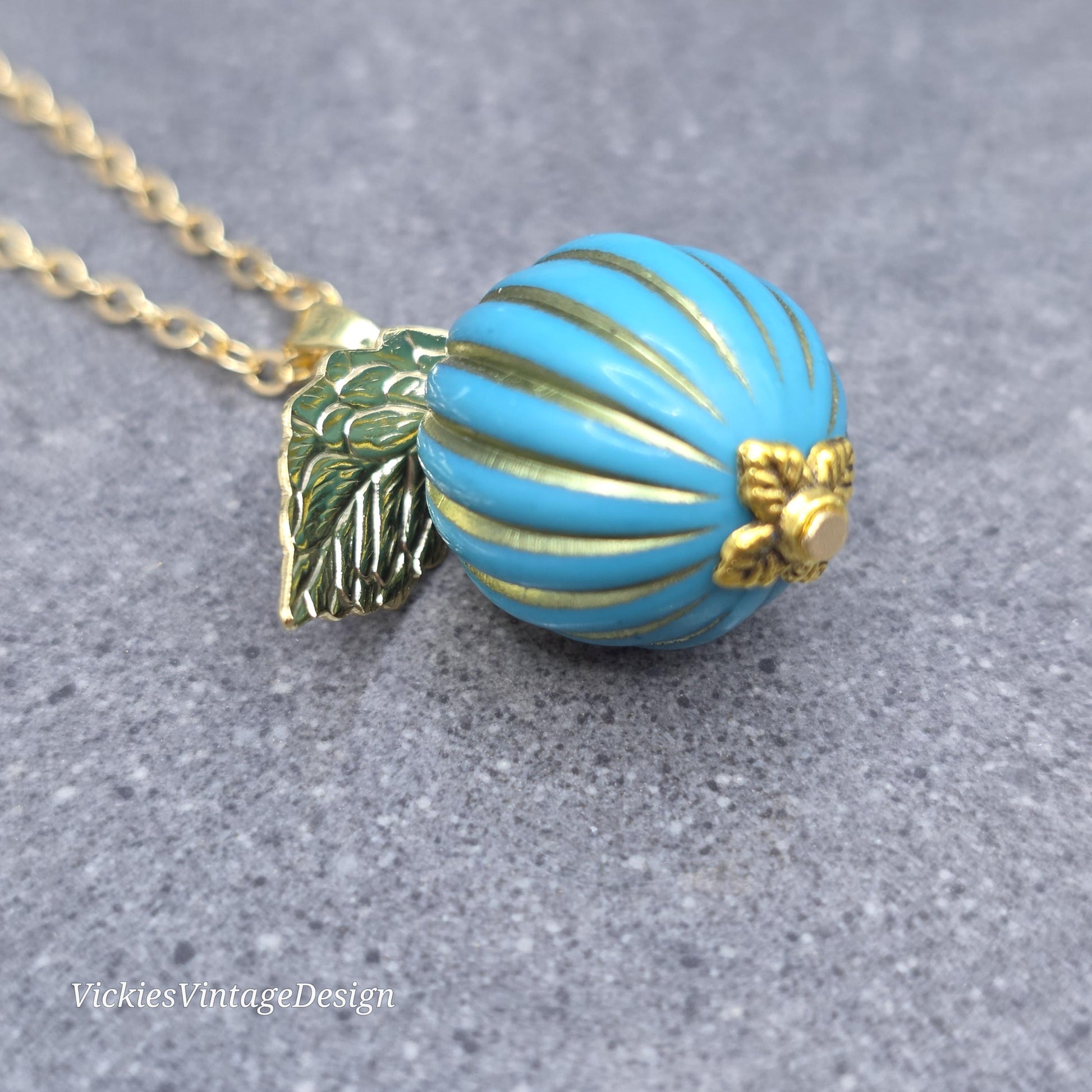 Teal and Gold Pumpkin Necklace, Autumn Fall Jewellery