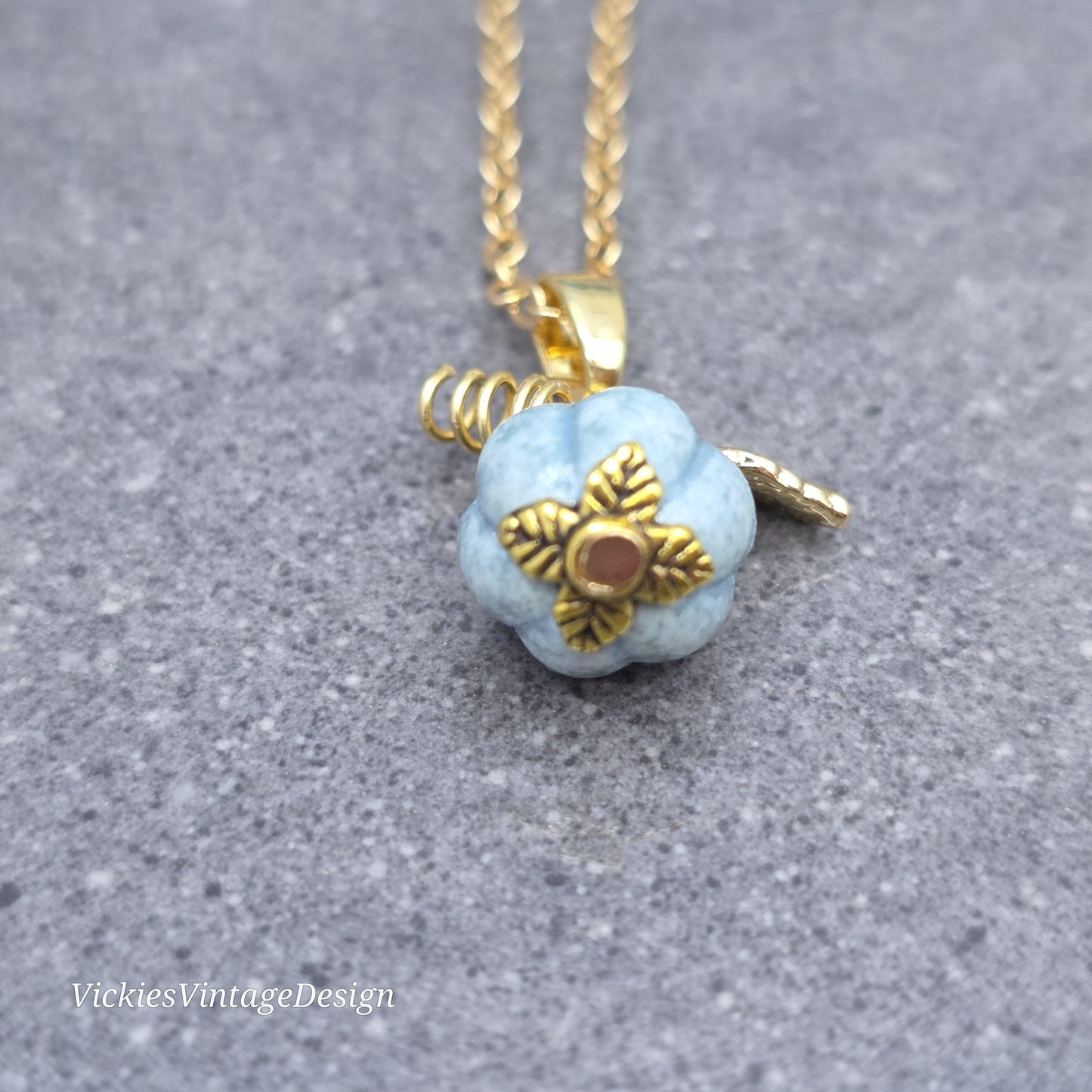 Porcelain Pumpkin Necklace, Antique Dusty Teal Colour