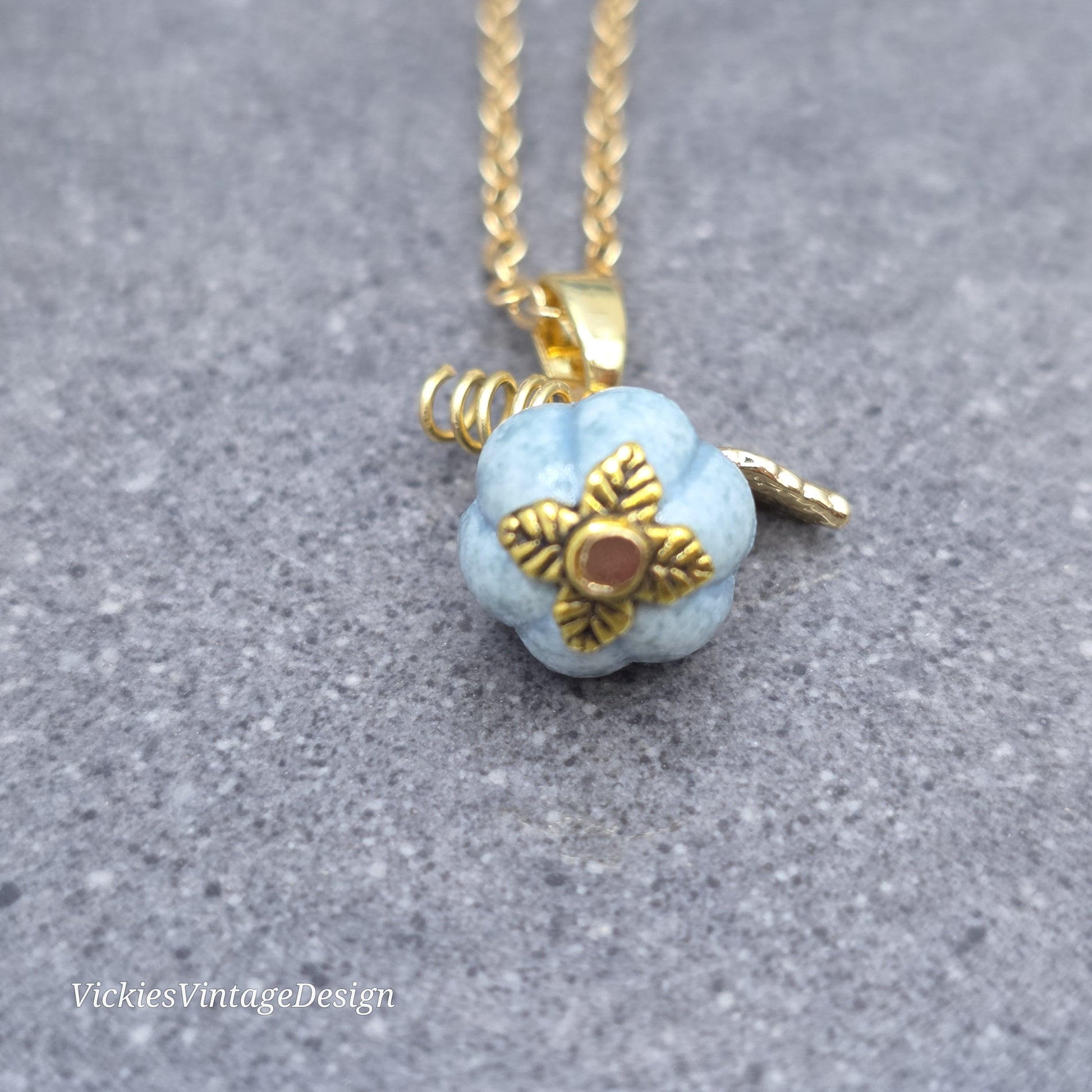 Porcelain Pumpkin Necklace, Antique Dusty Teal Colour