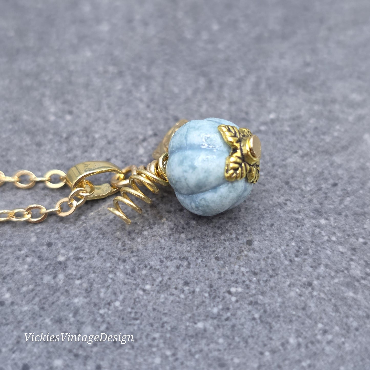 Porcelain Pumpkin Necklace, Antique Dusty Teal Colour