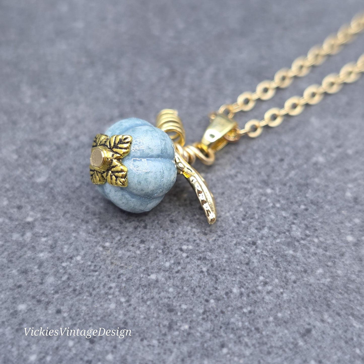 Porcelain Pumpkin Necklace, Antique Dusty Teal Colour