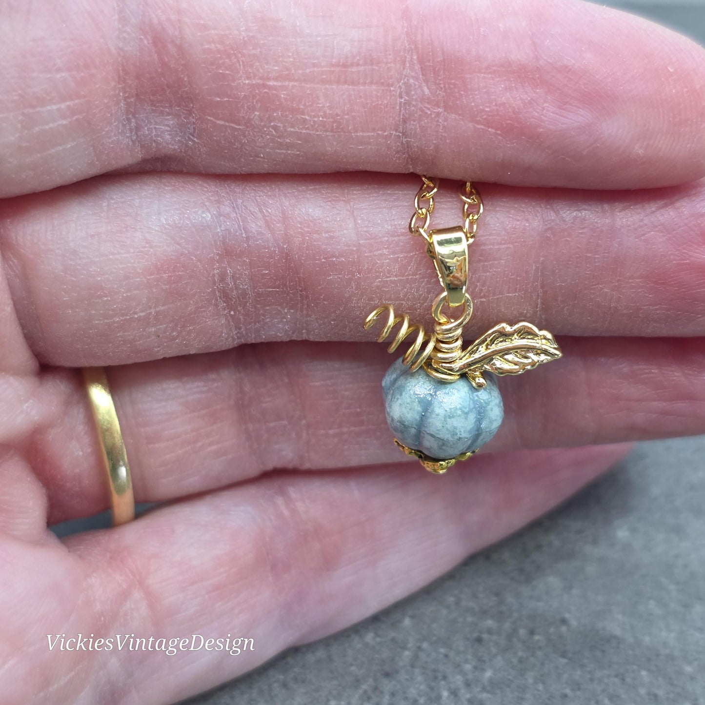 Porcelain Pumpkin Necklace, Antique Dusty Teal Colour