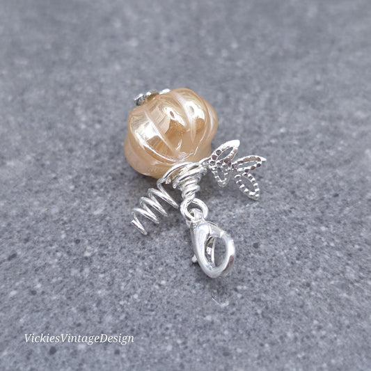 Glass Pumpkin Clip On Charm, Bracelet, Necklace, Stitch Marker, Zipper Pull, Halloween Autumn Gift