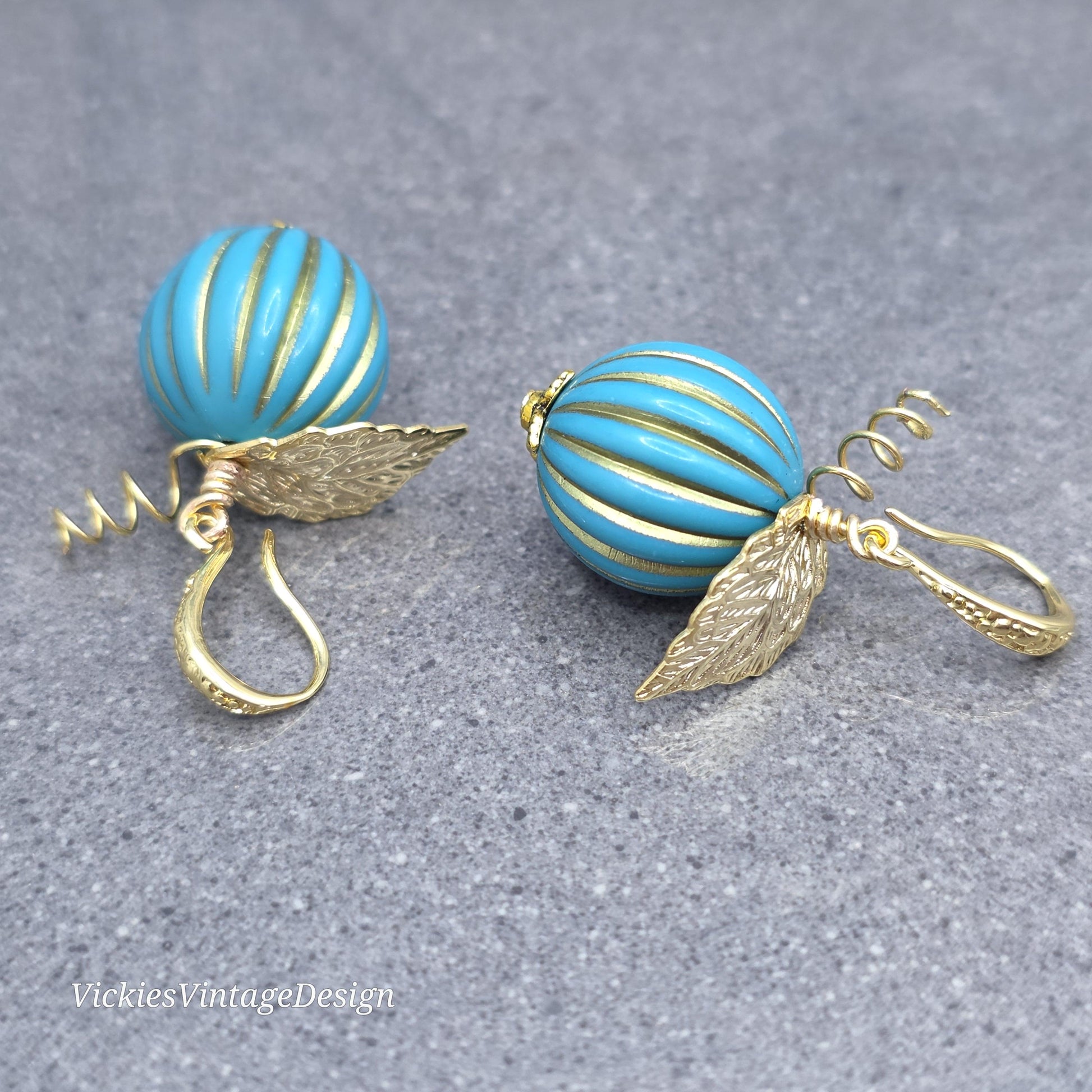 Teal and Gold Pumpkin Earrings, Autumn Fall Jewellery