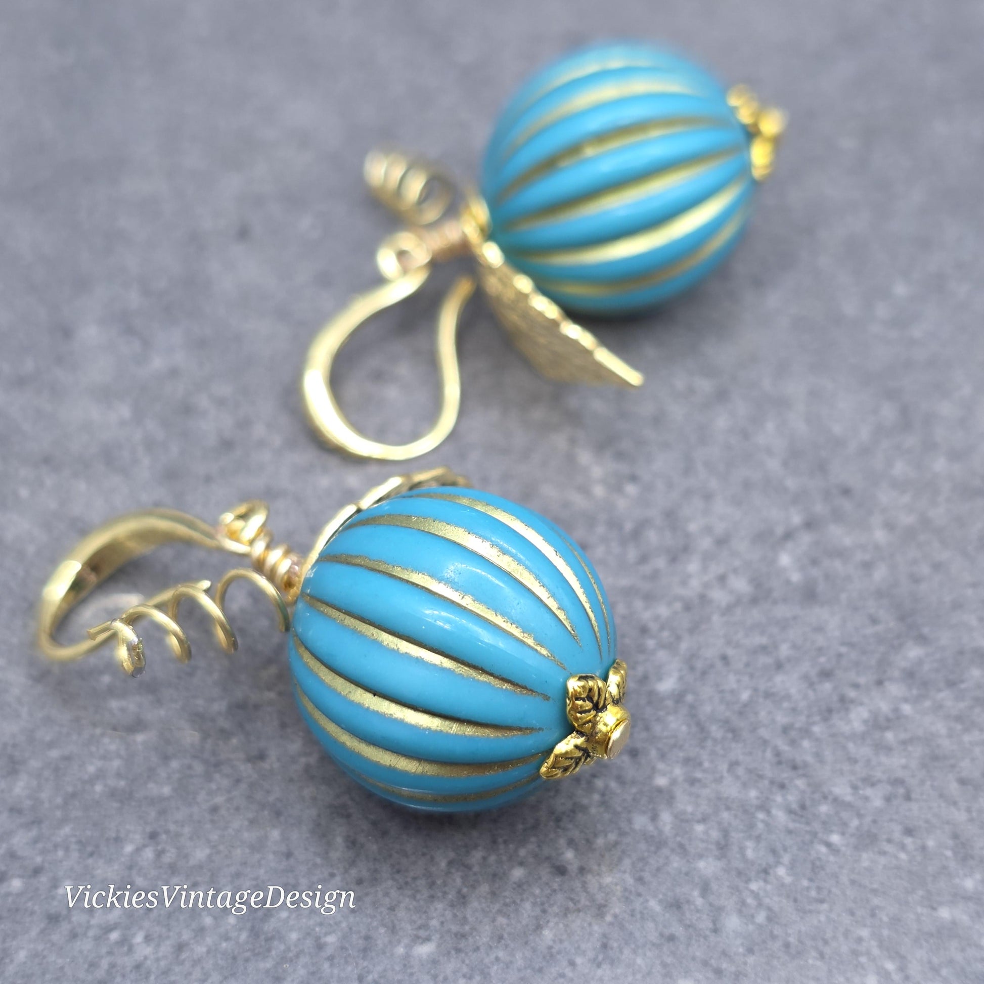 Teal and Gold Pumpkin Earrings, Autumn Fall Jewellery