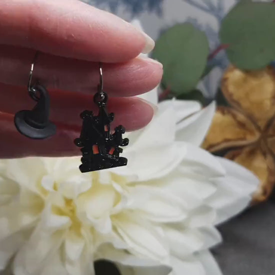 Haunted House Earrings, Hypoallergenic Ear Wires, Witches Hat, Autumn Fall Earrings, Halloween Earrings, Halloween Party, Hallows Eve